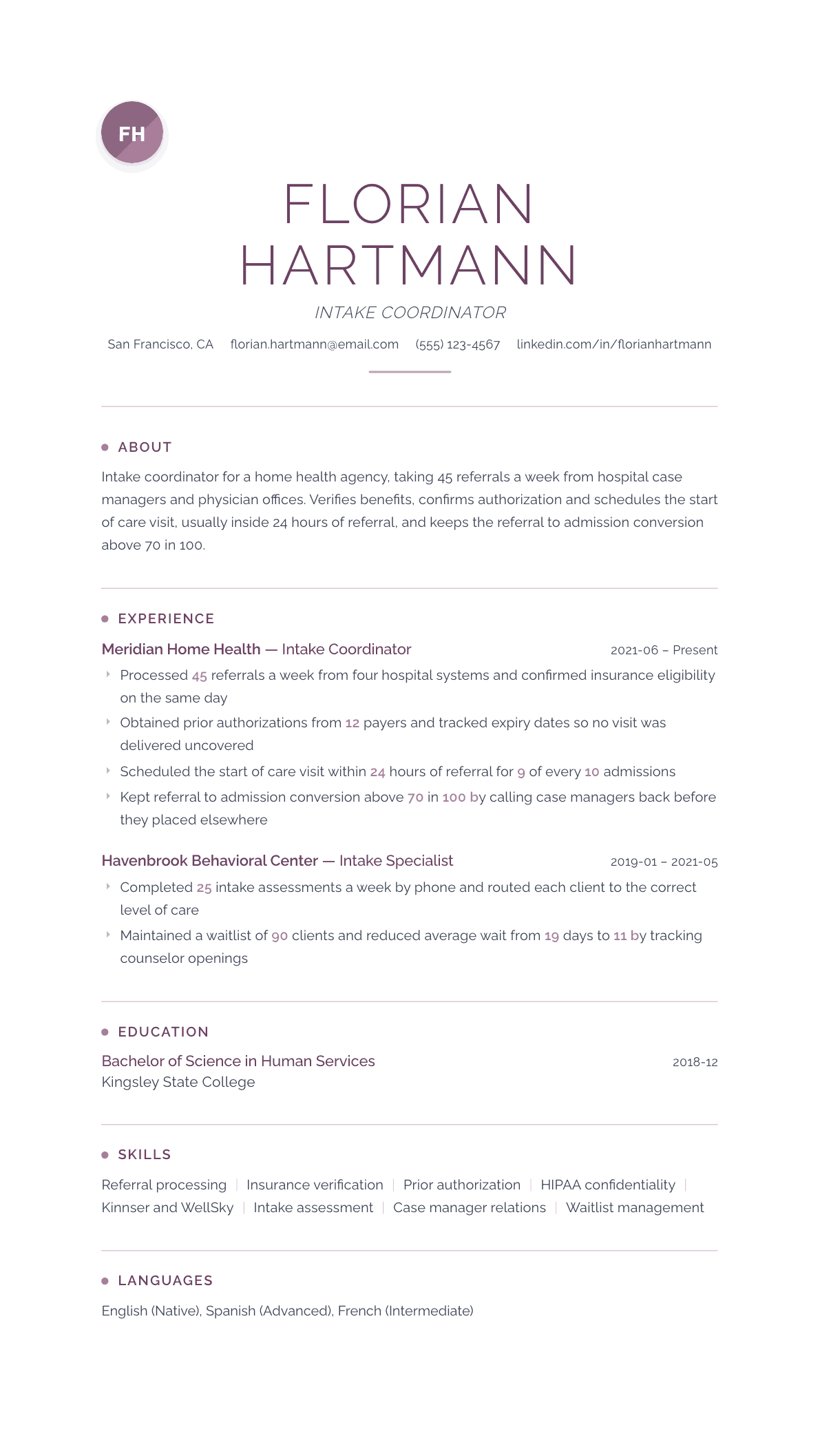 Intake Coordinator resume example, Serenity template