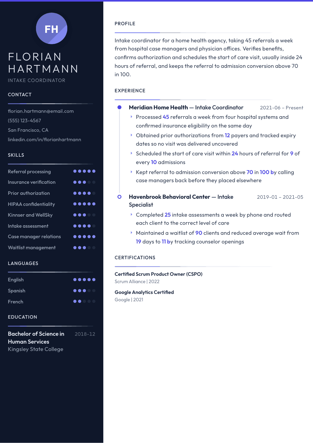 Intake Coordinator resume example, Zenith template