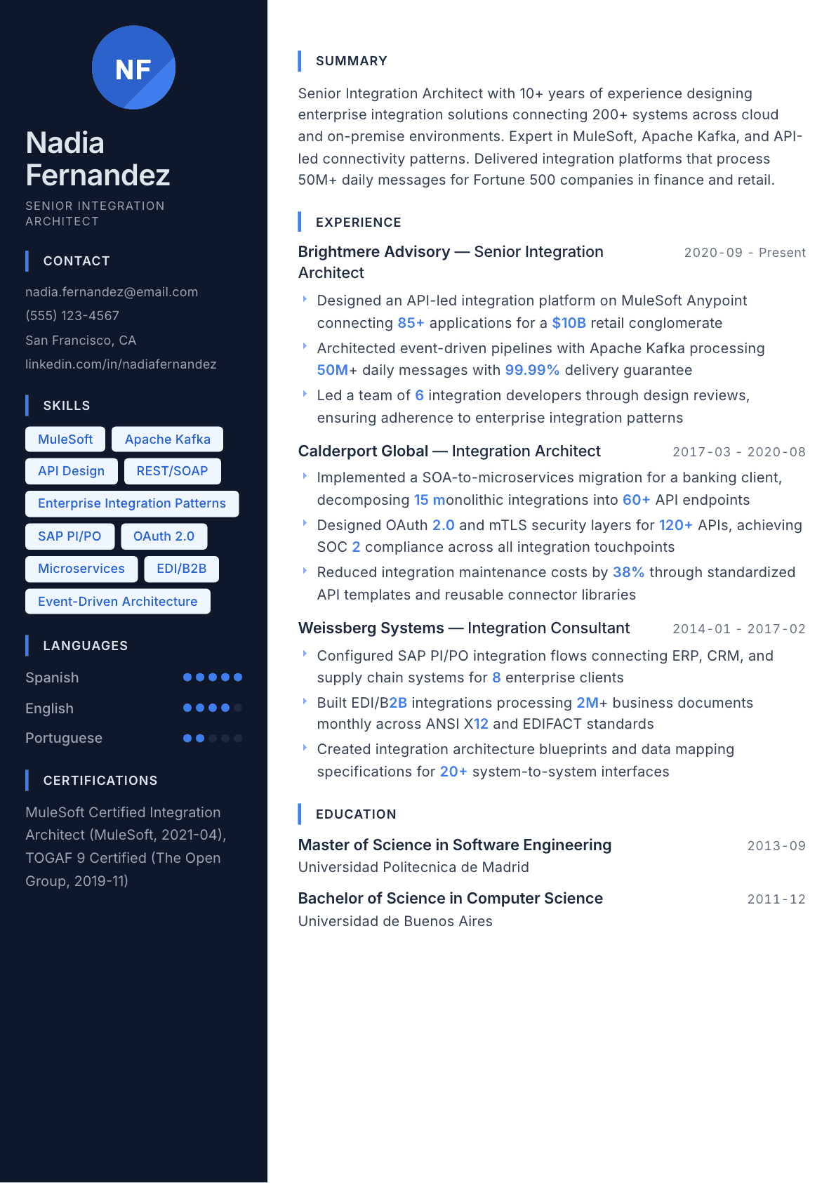 Integration Architect resume example, Midnight Sapphire template