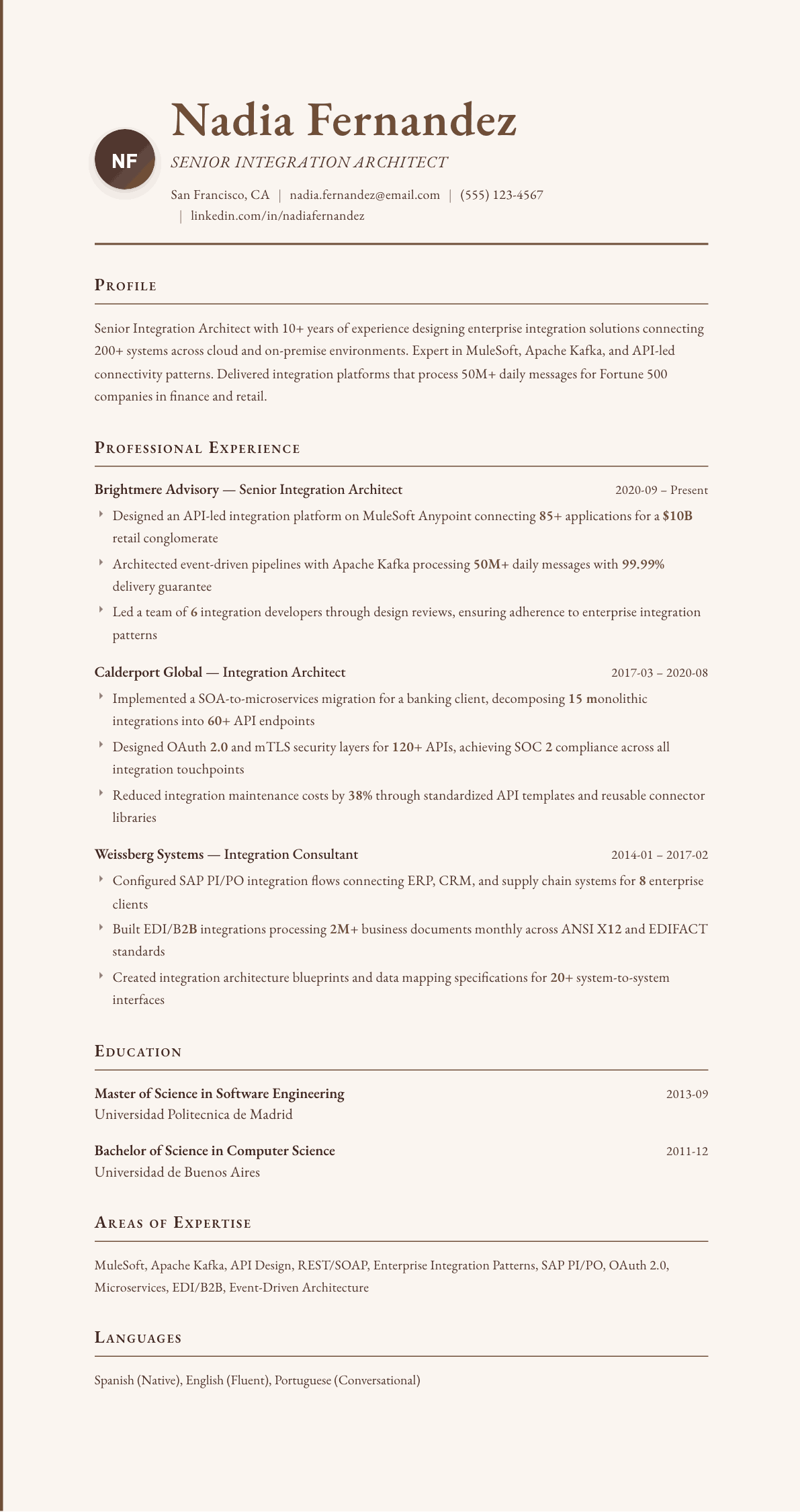 Integration Architect resume example, Vintage template