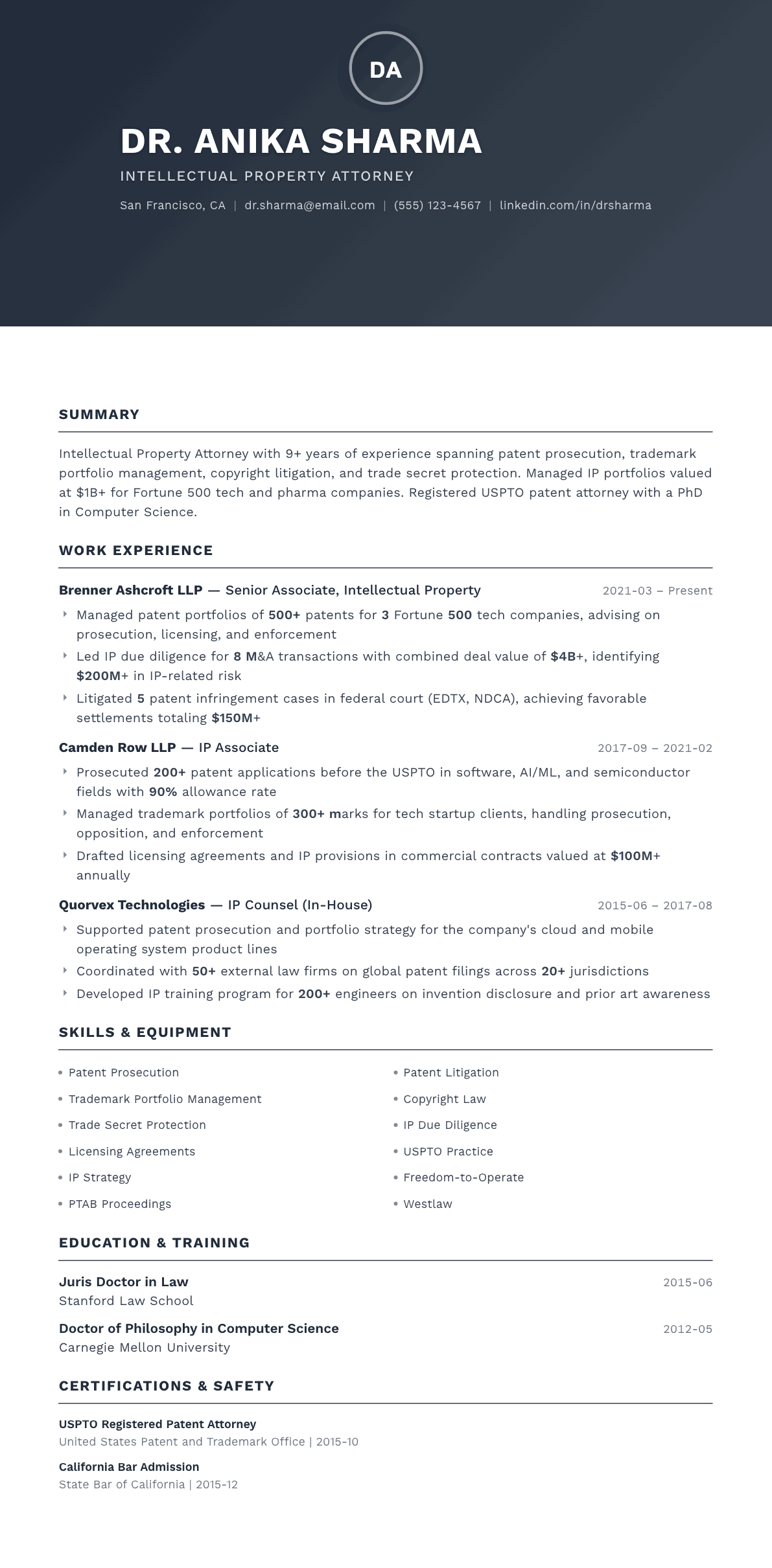 Intellectual Property Lawyer resume example, Foundation template