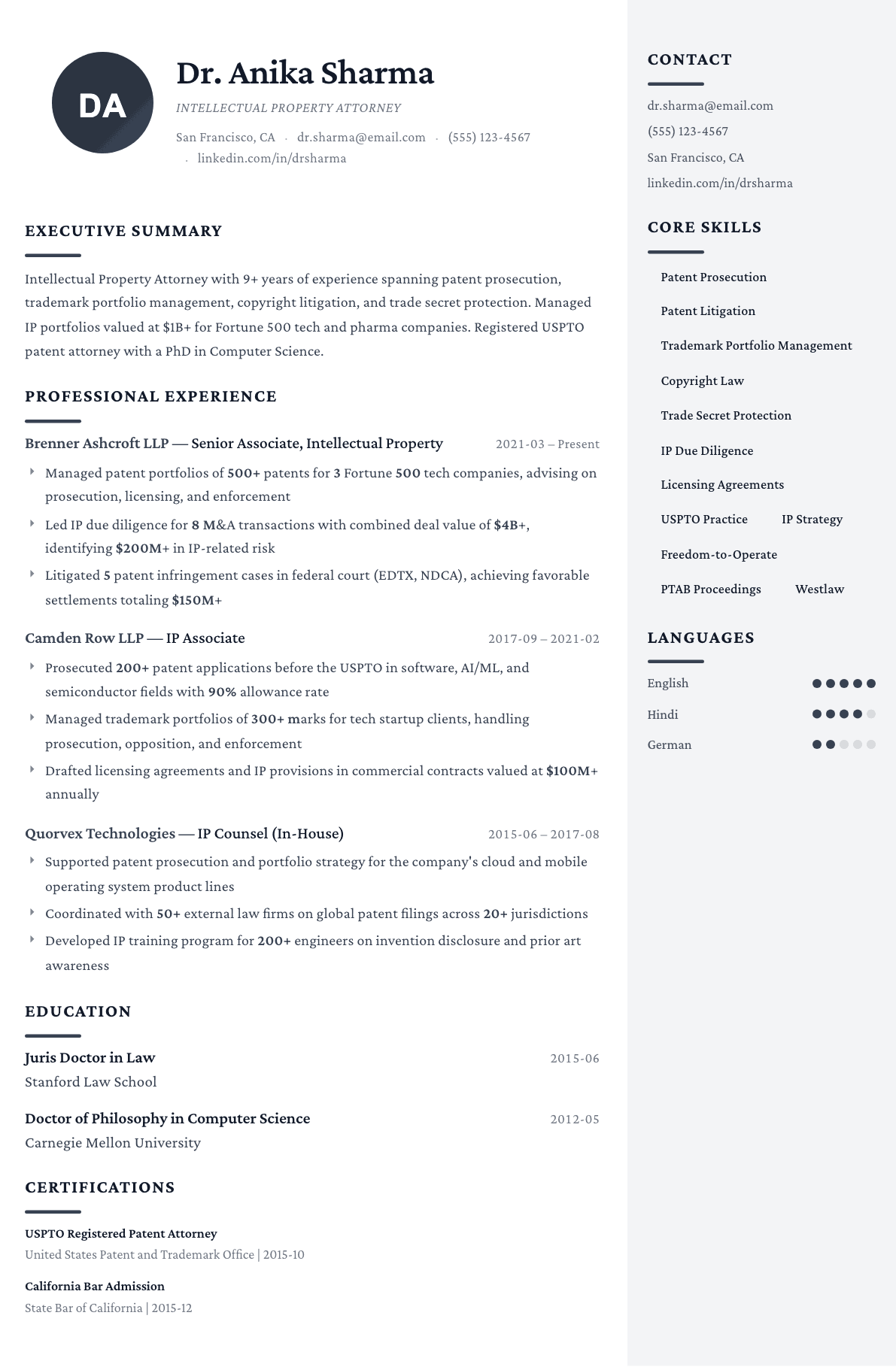 Intellectual Property Lawyer resume example, Monarch template