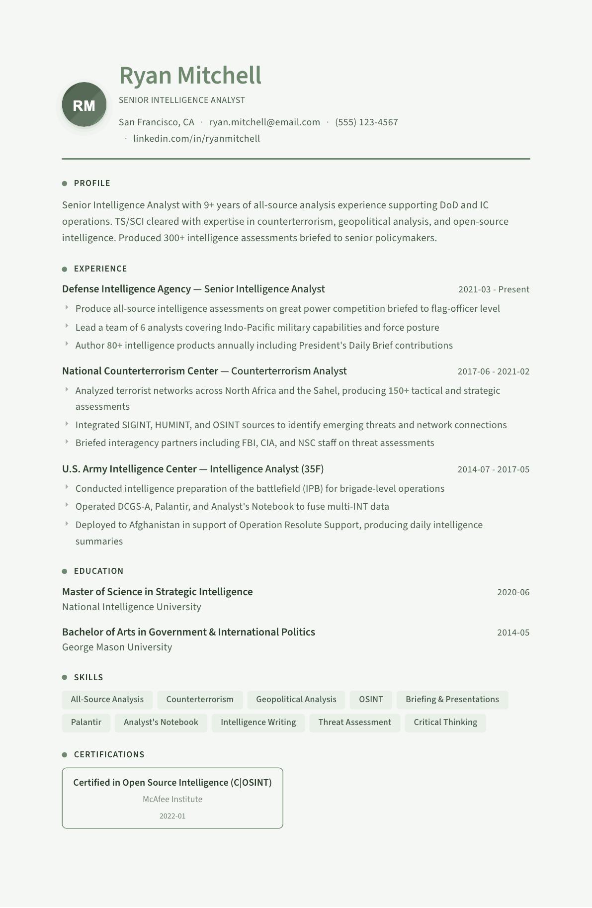 Intelligence Analyst resume example, Sage Garden template