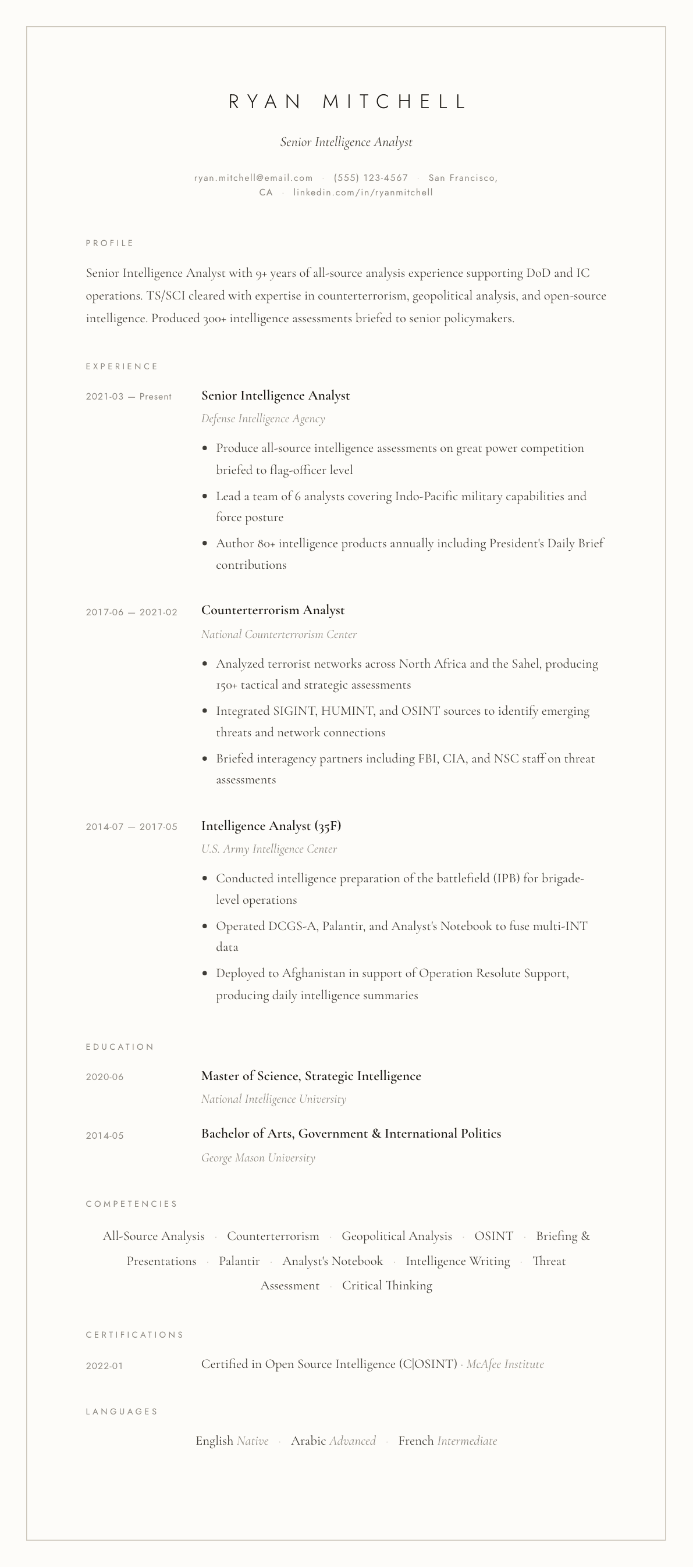 Intelligence Analyst resume example, Vellum template