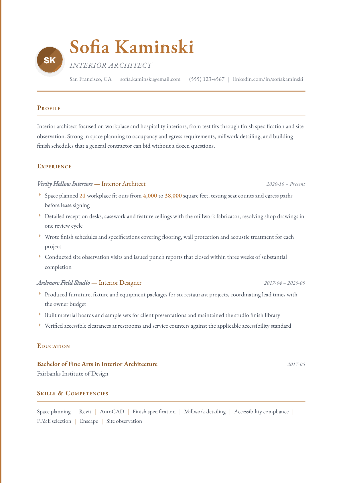Interior Architect resume example, Timeless template