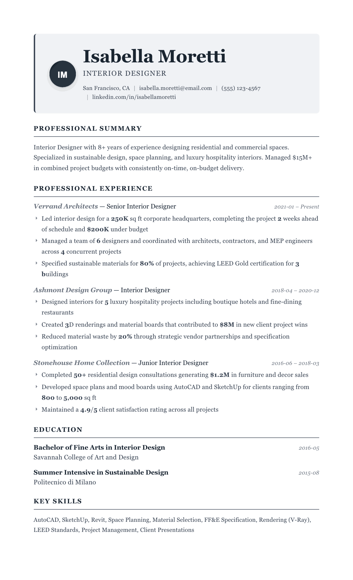 Interior Designer resume example, Traditional template