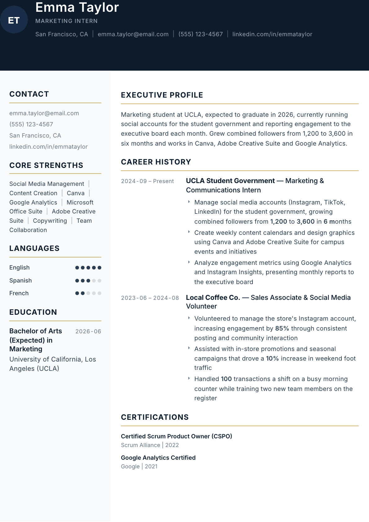 Intern resume example, Consulate template