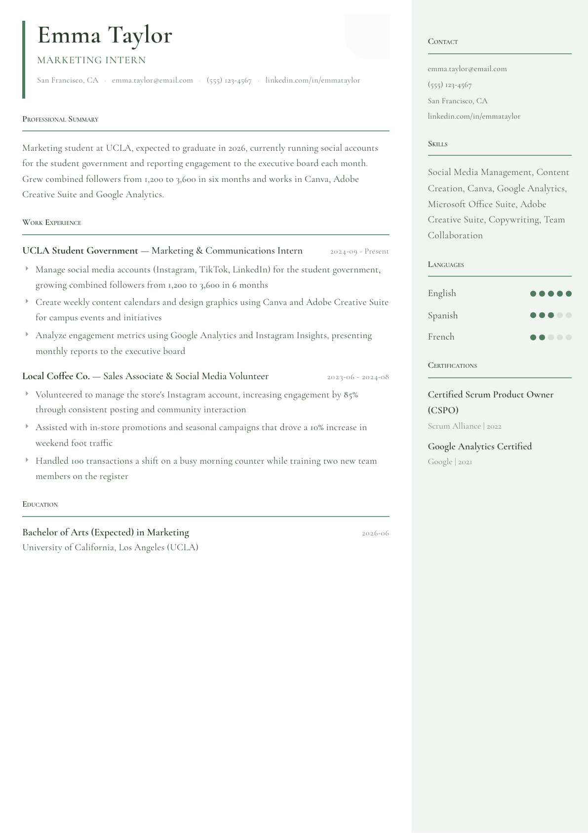 Intern resume example, Copenhagen template