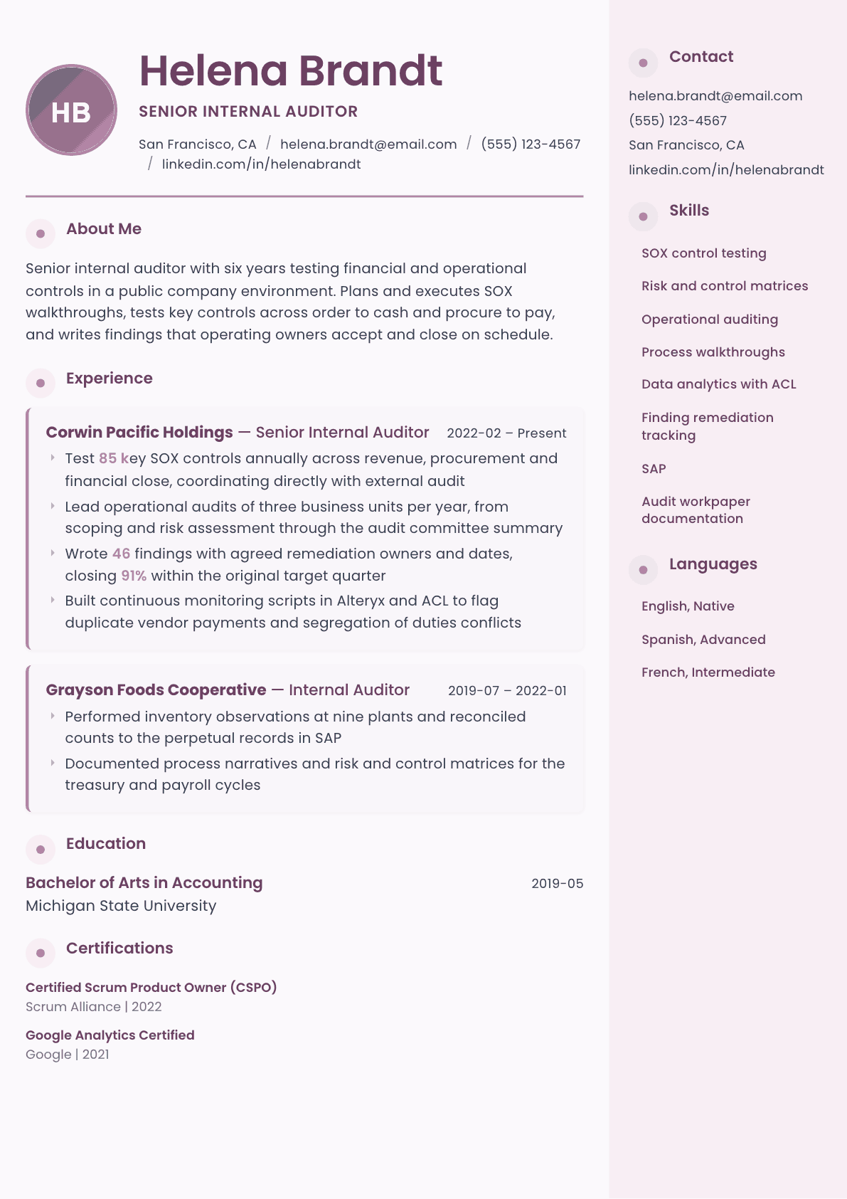 Internal Auditor resume example, Bloom template