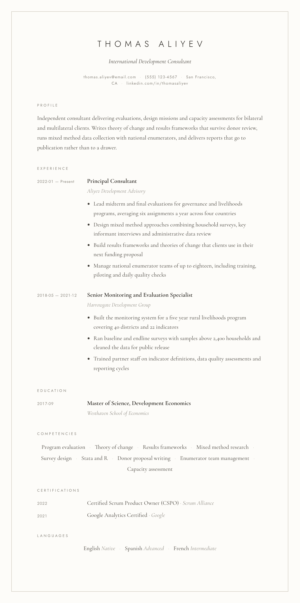 International Development Consultant resume example, Vellum template