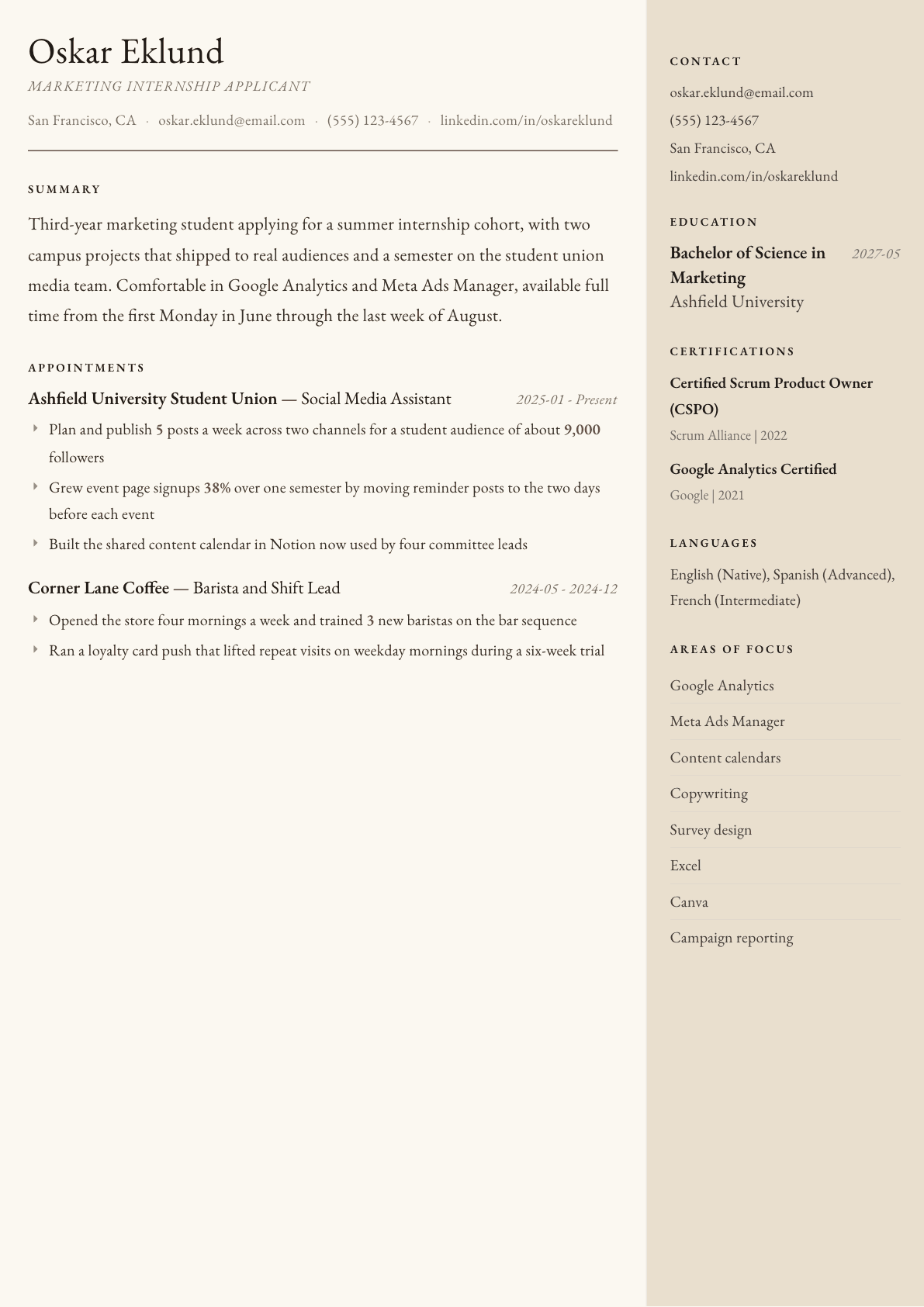 Internship Applicant resume example, Manuscript template