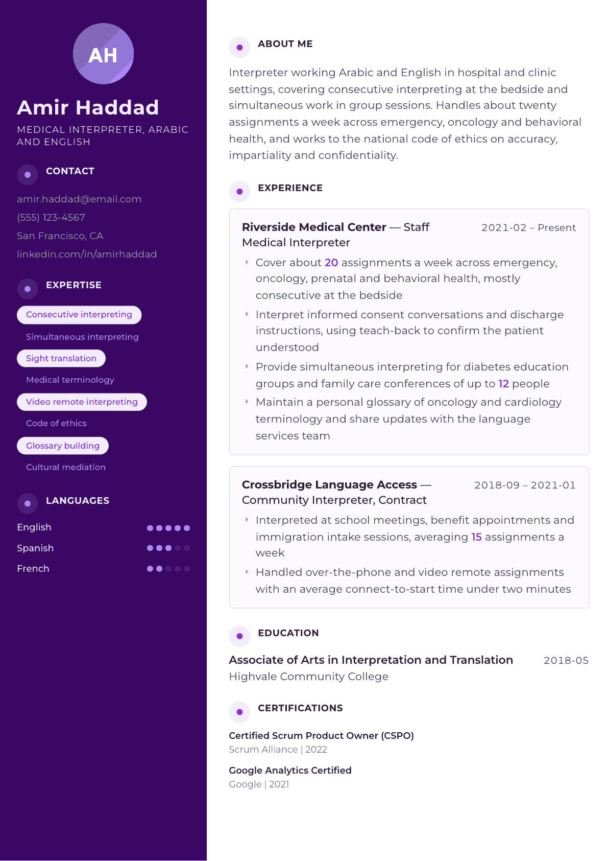 Interpreter resume example, Palette template