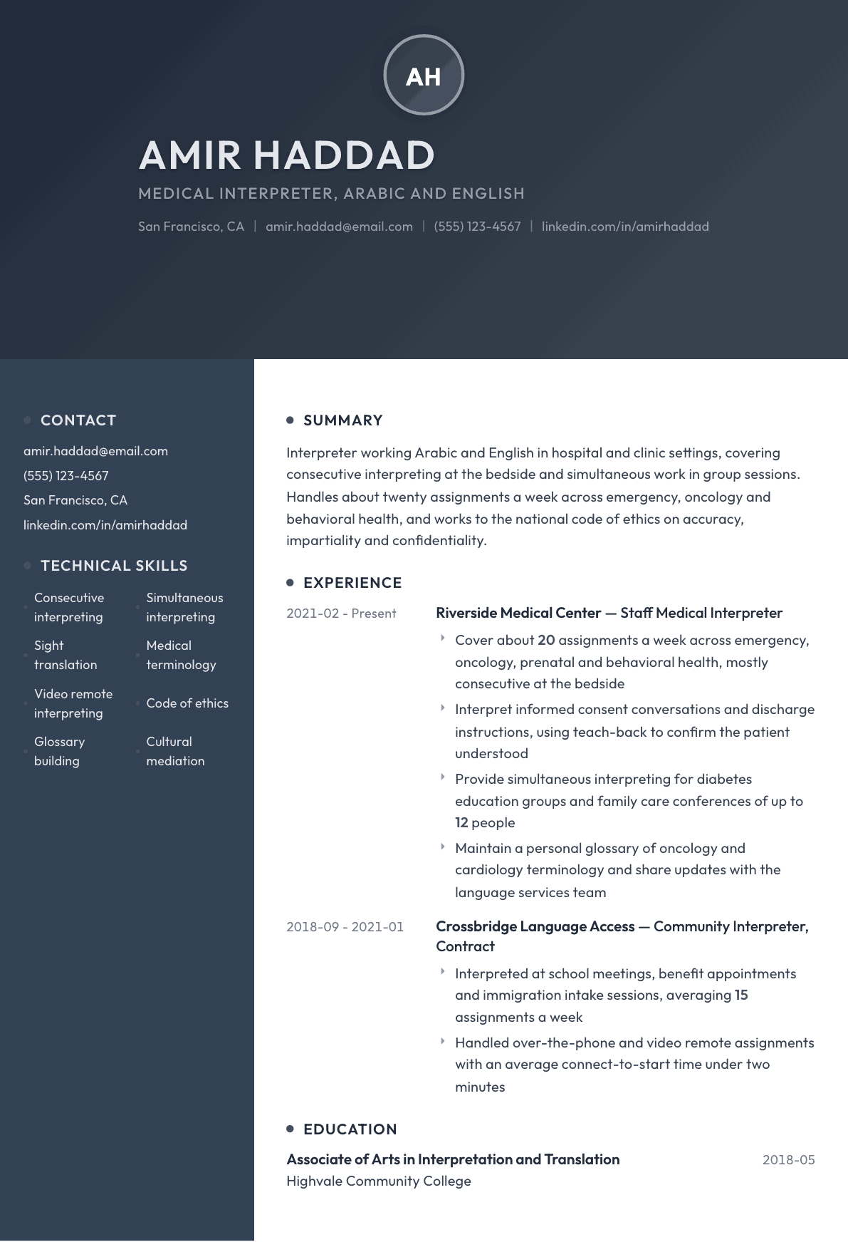 Interpreter resume example, Binary template