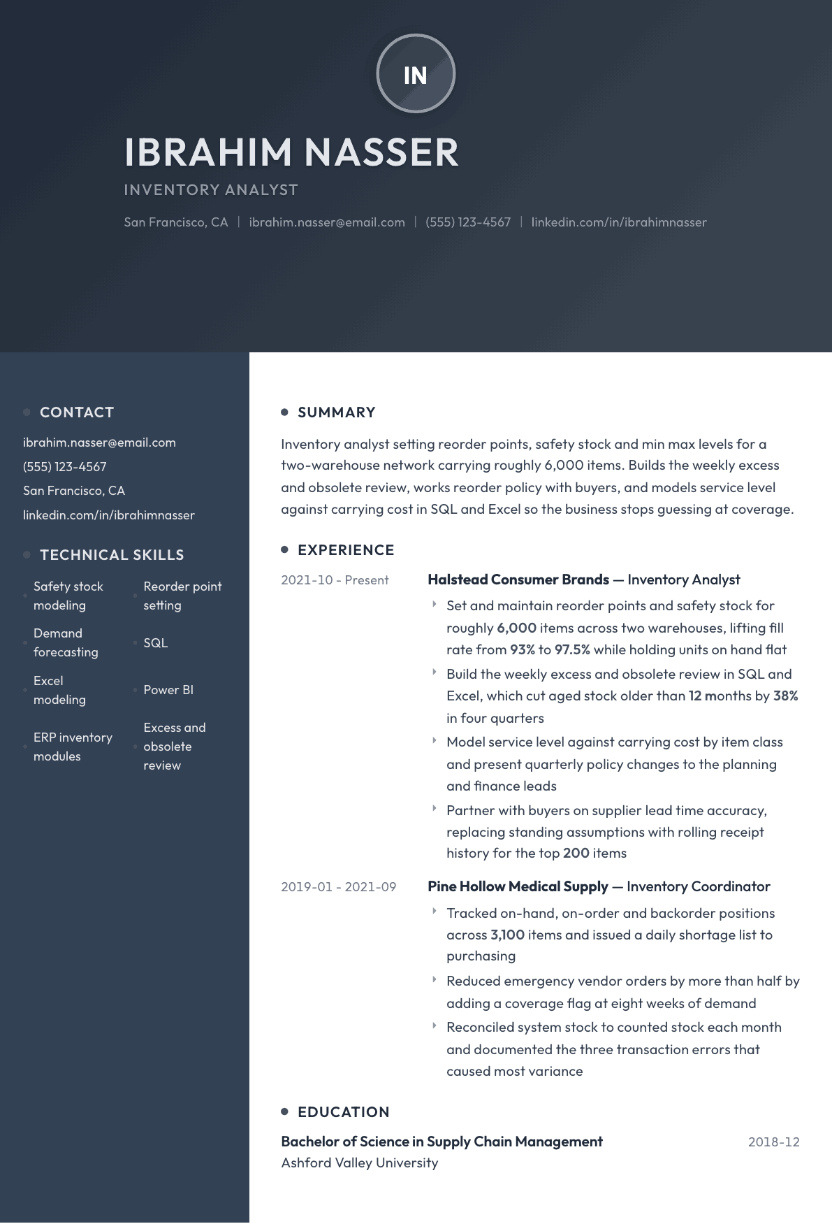 Inventory Analyst resume example, Binary template