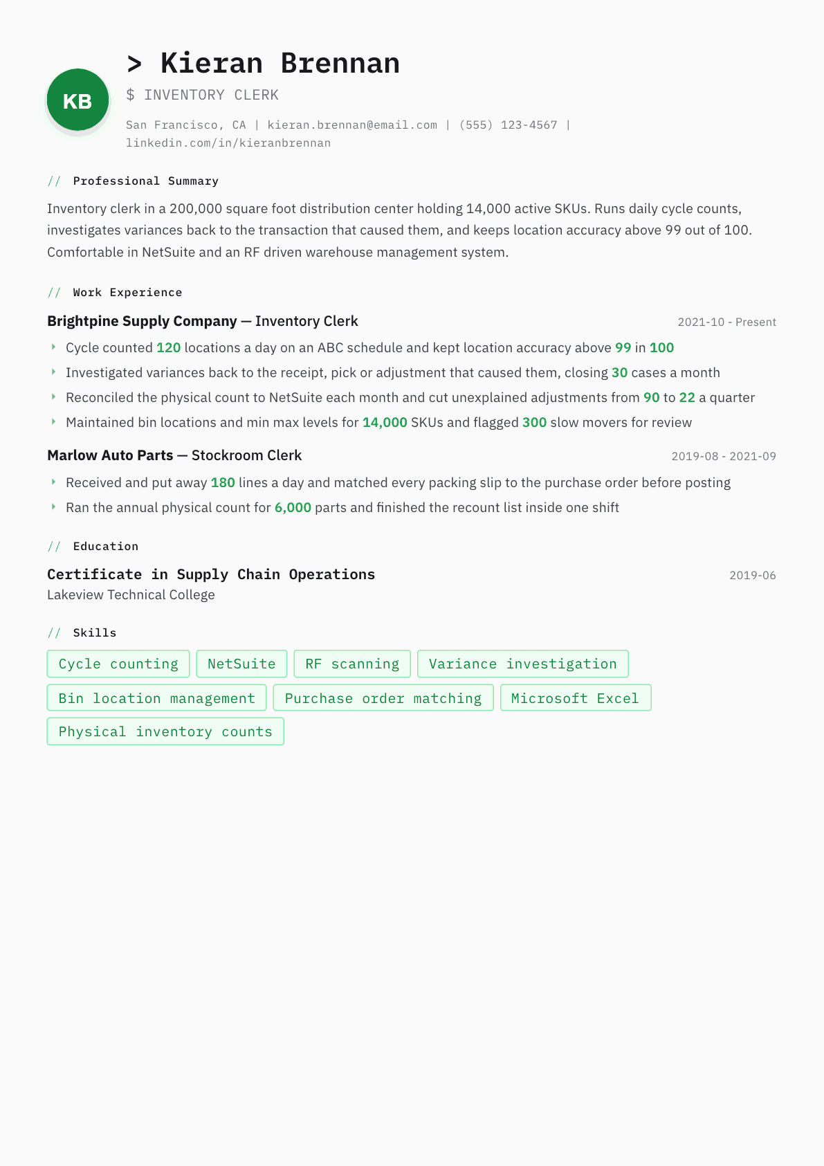 Inventory Clerk resume example, Amsterdam template