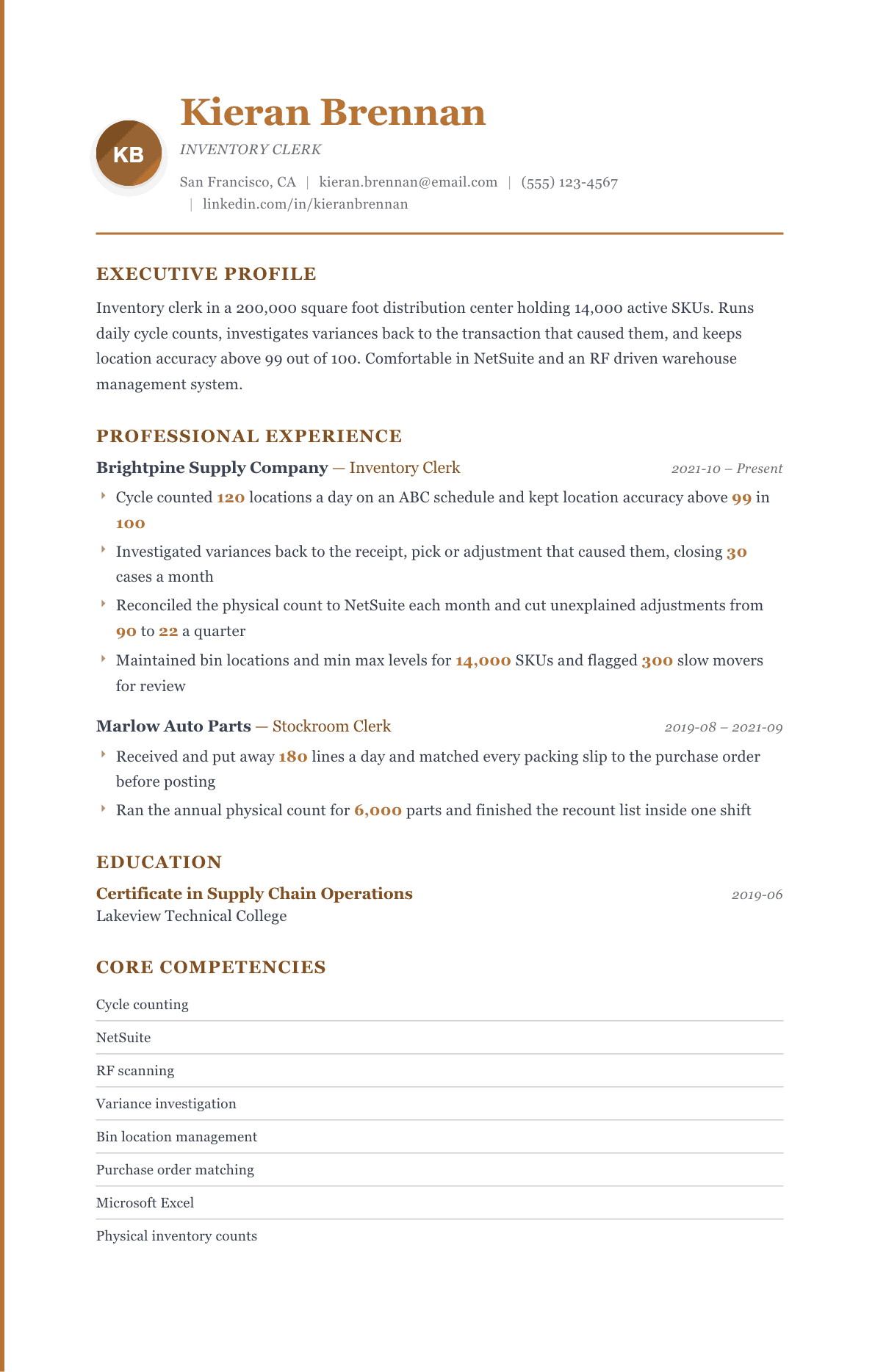 Inventory Clerk resume example, Regency template