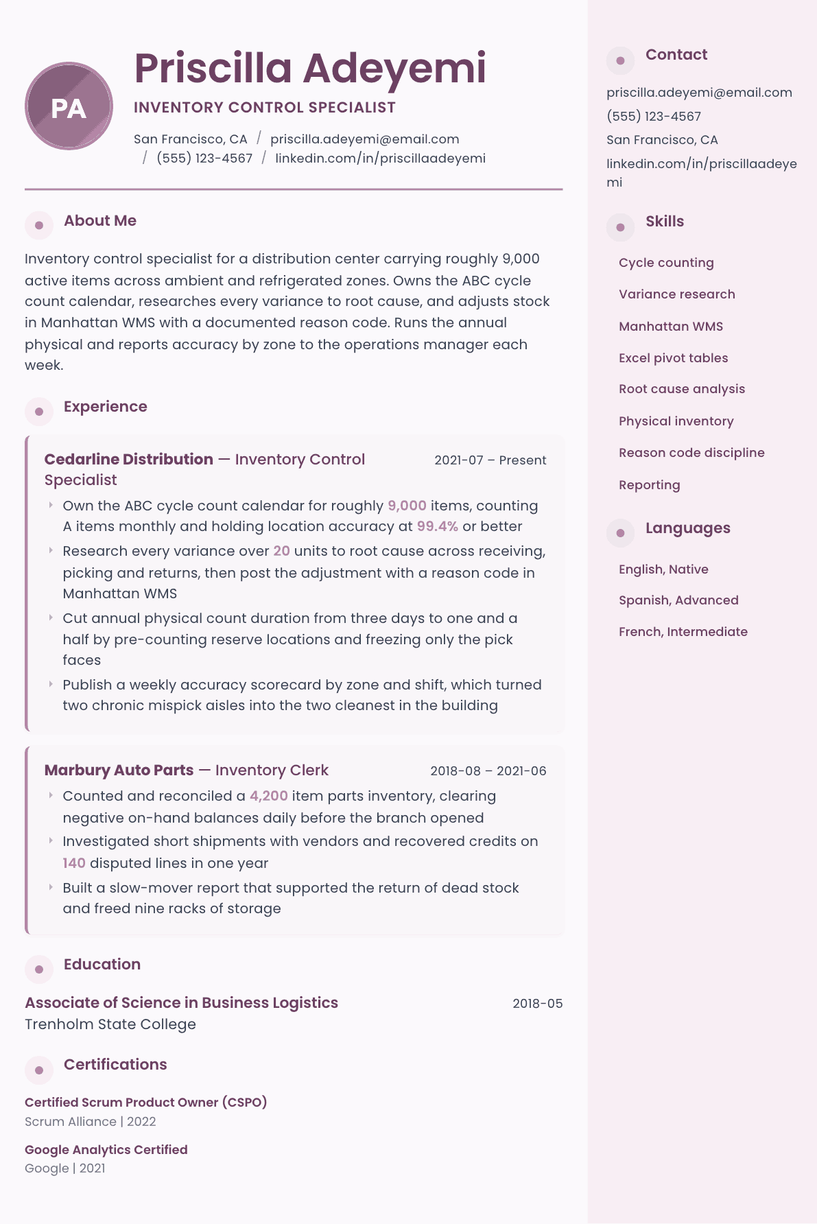 Inventory Control Specialist resume example, Bloom template