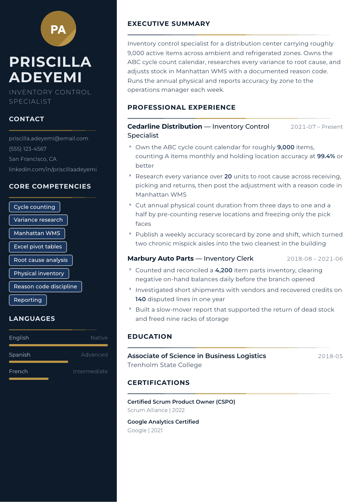 Inventory Control Specialist resume example, Catalyst template