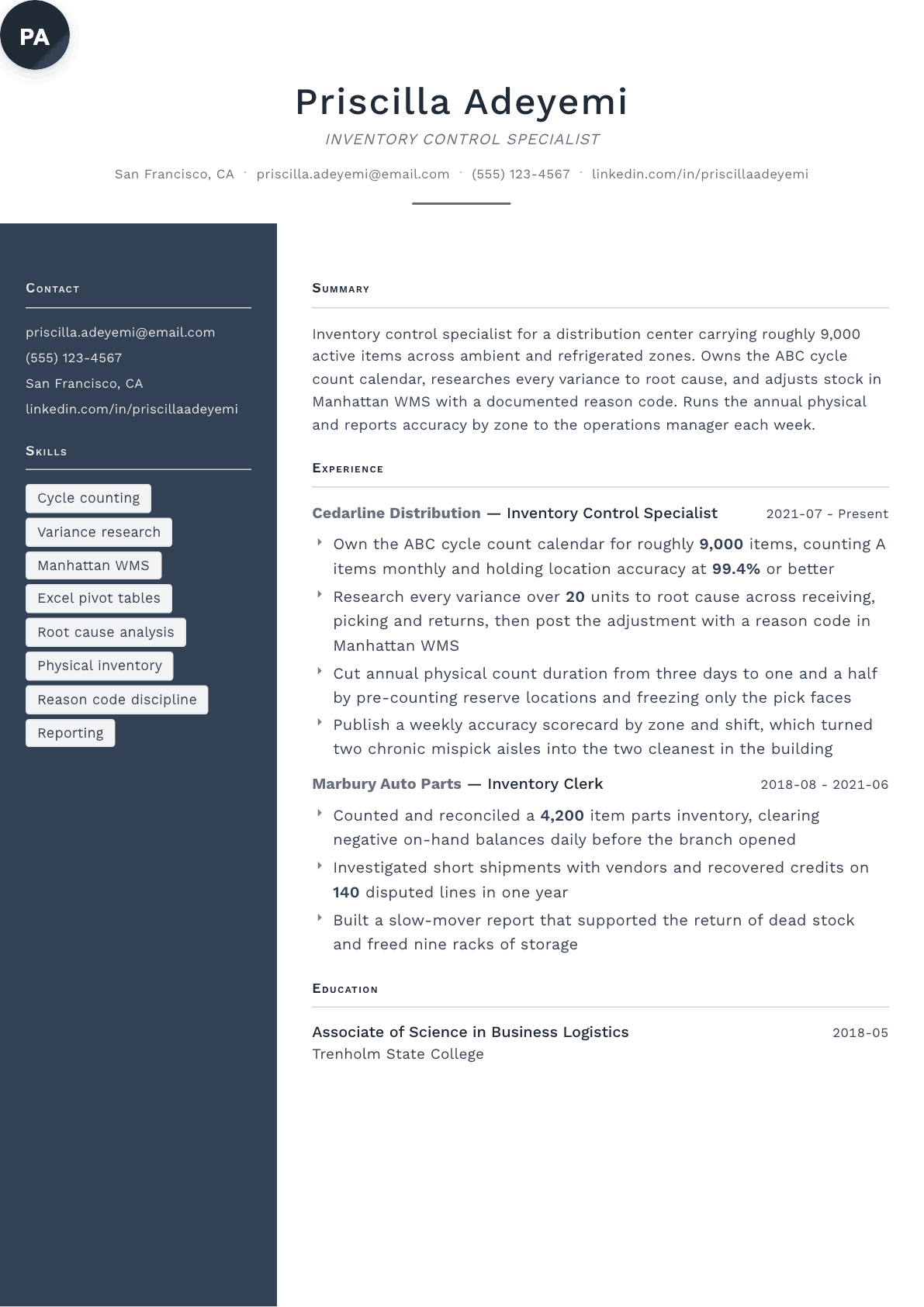 Inventory Control Specialist resume example, Fold template