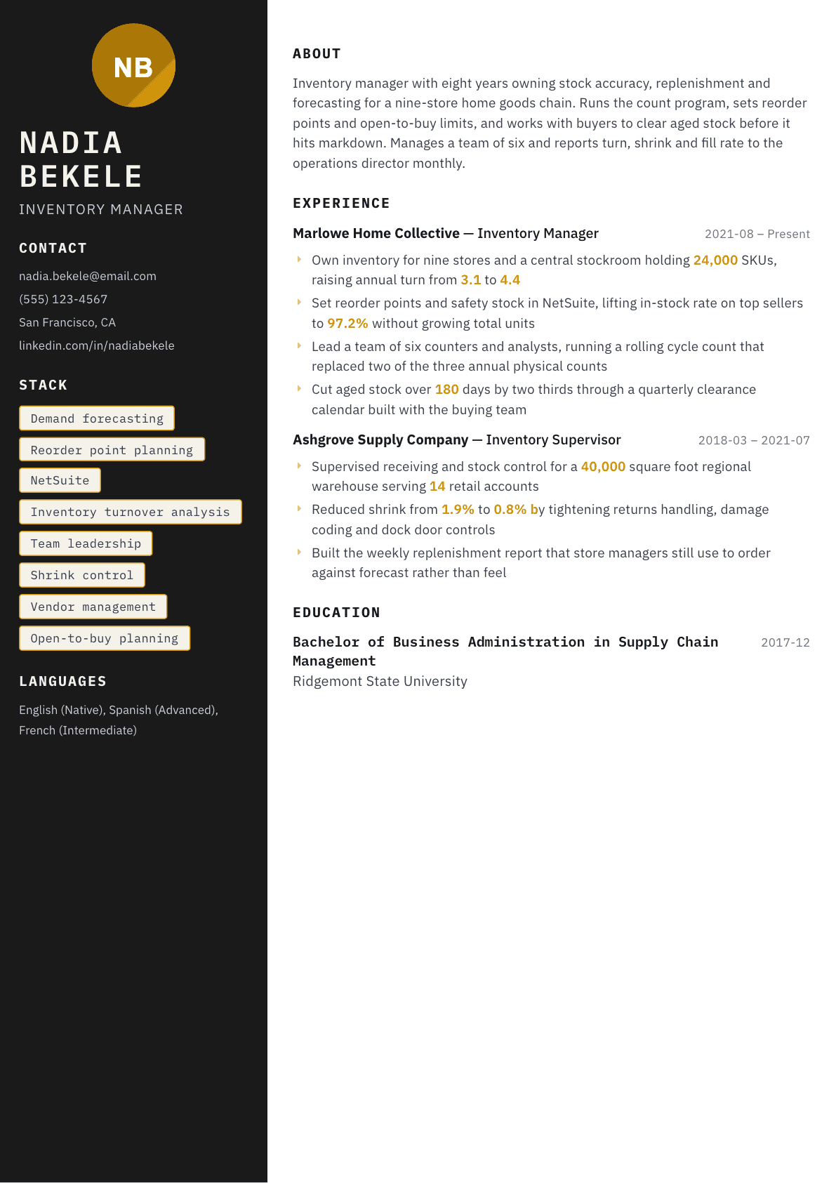 Inventory Manager resume example, Neon template