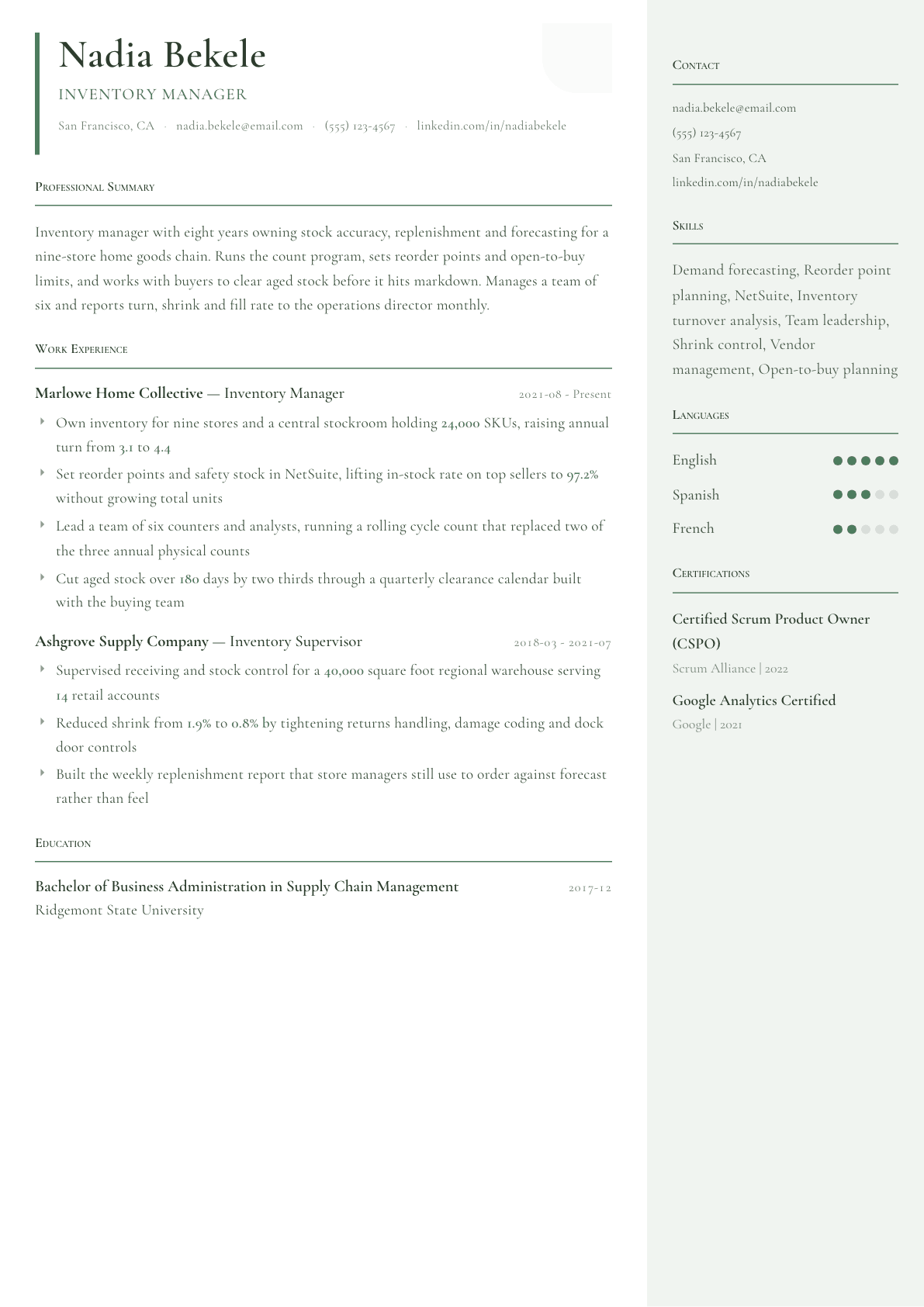 Inventory Manager resume example, Copenhagen template
