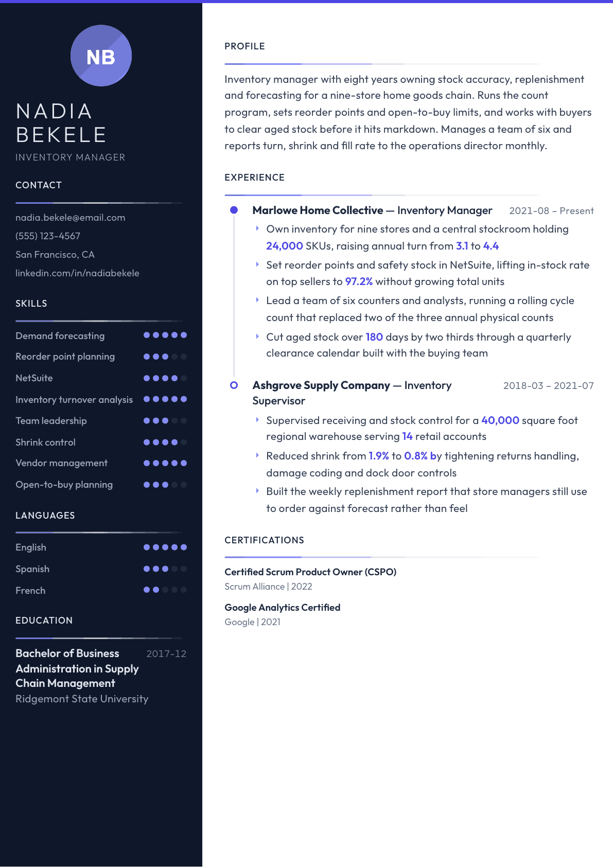Inventory Manager resume example, Zenith template