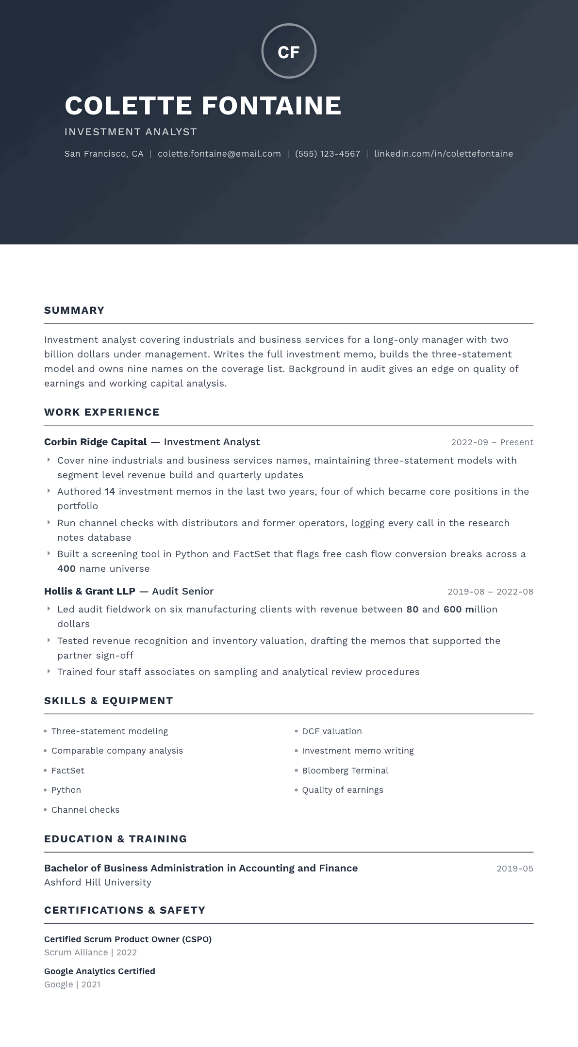 Investment Analyst resume example, Foundation template