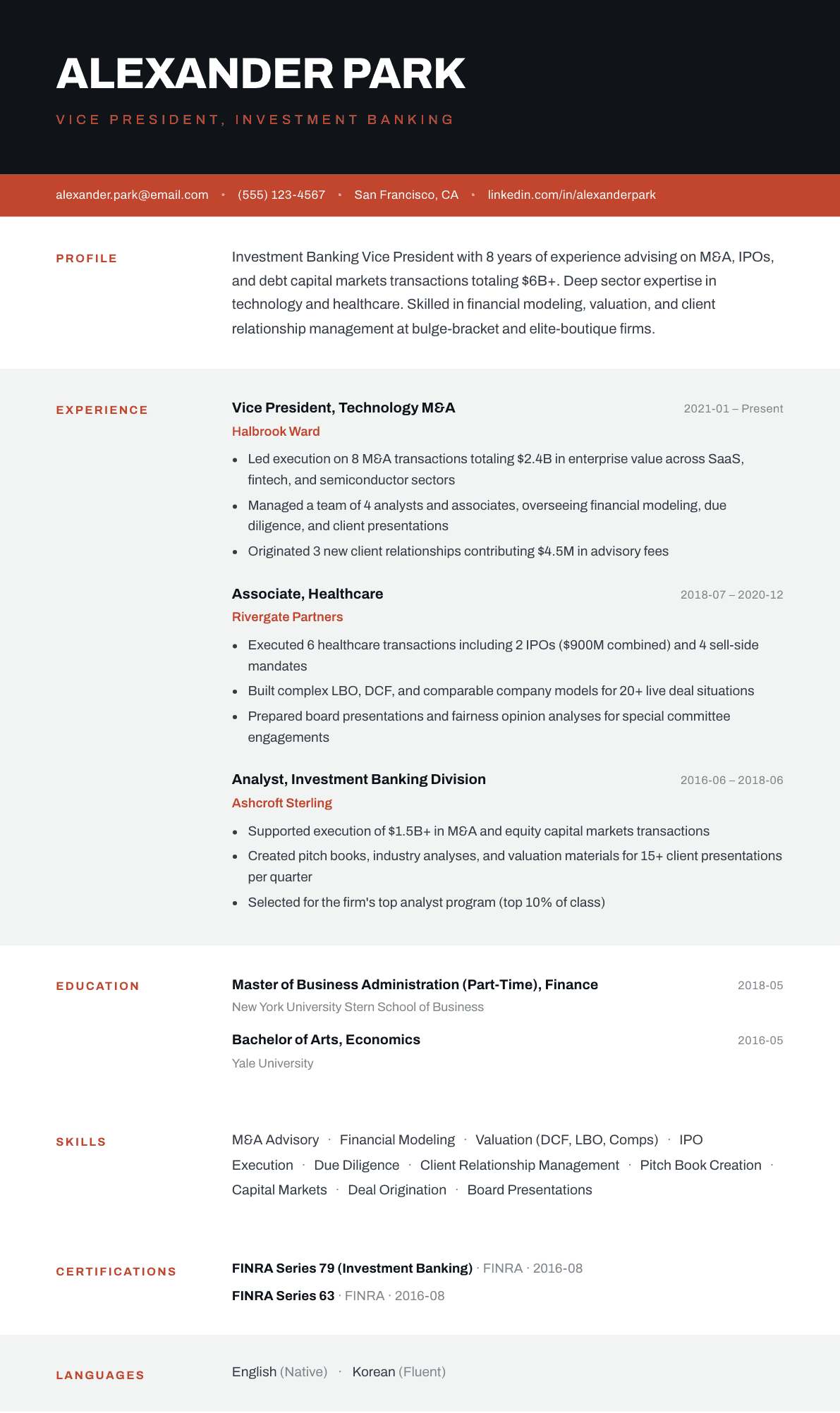 Investment Banker resume example, Strata template