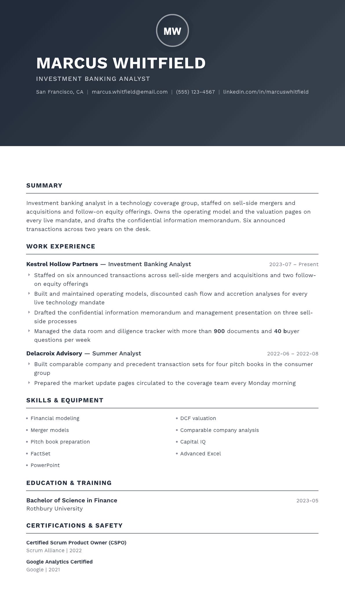 Investment Banking Analyst resume example, Foundation template