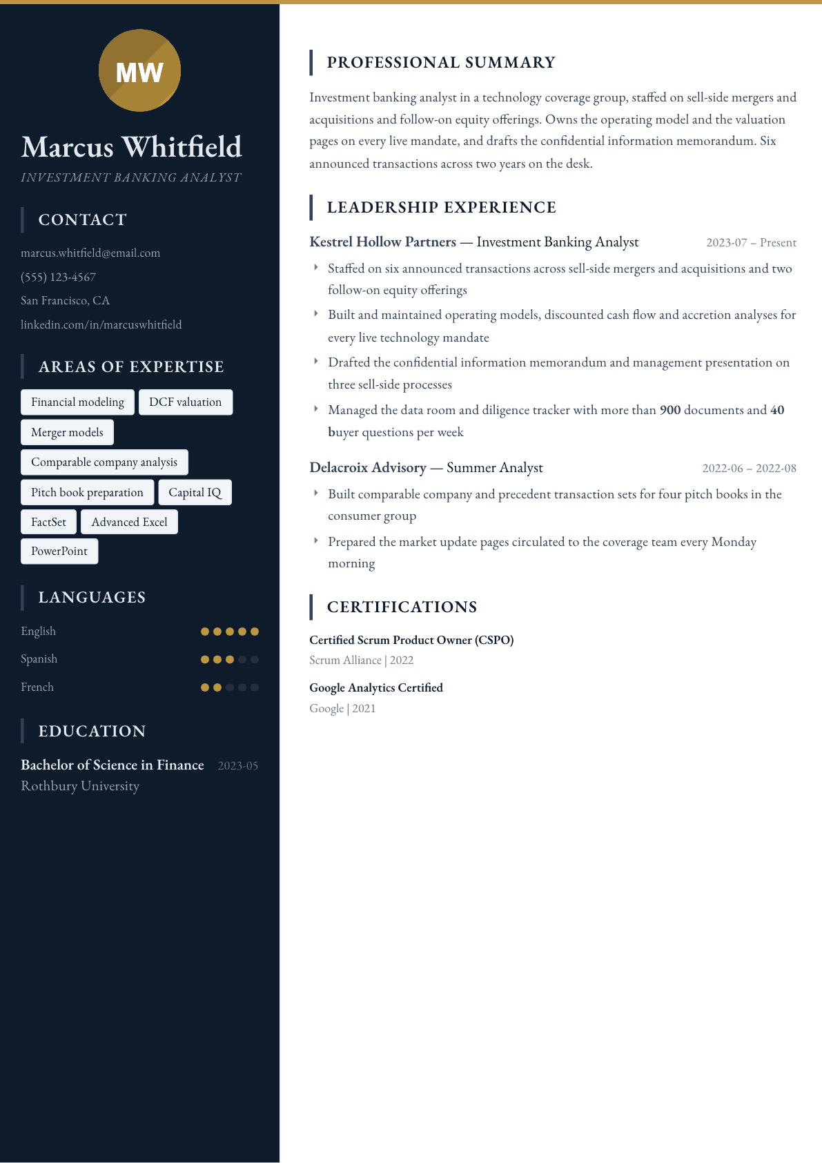 Investment Banking Analyst resume example, Presidio template