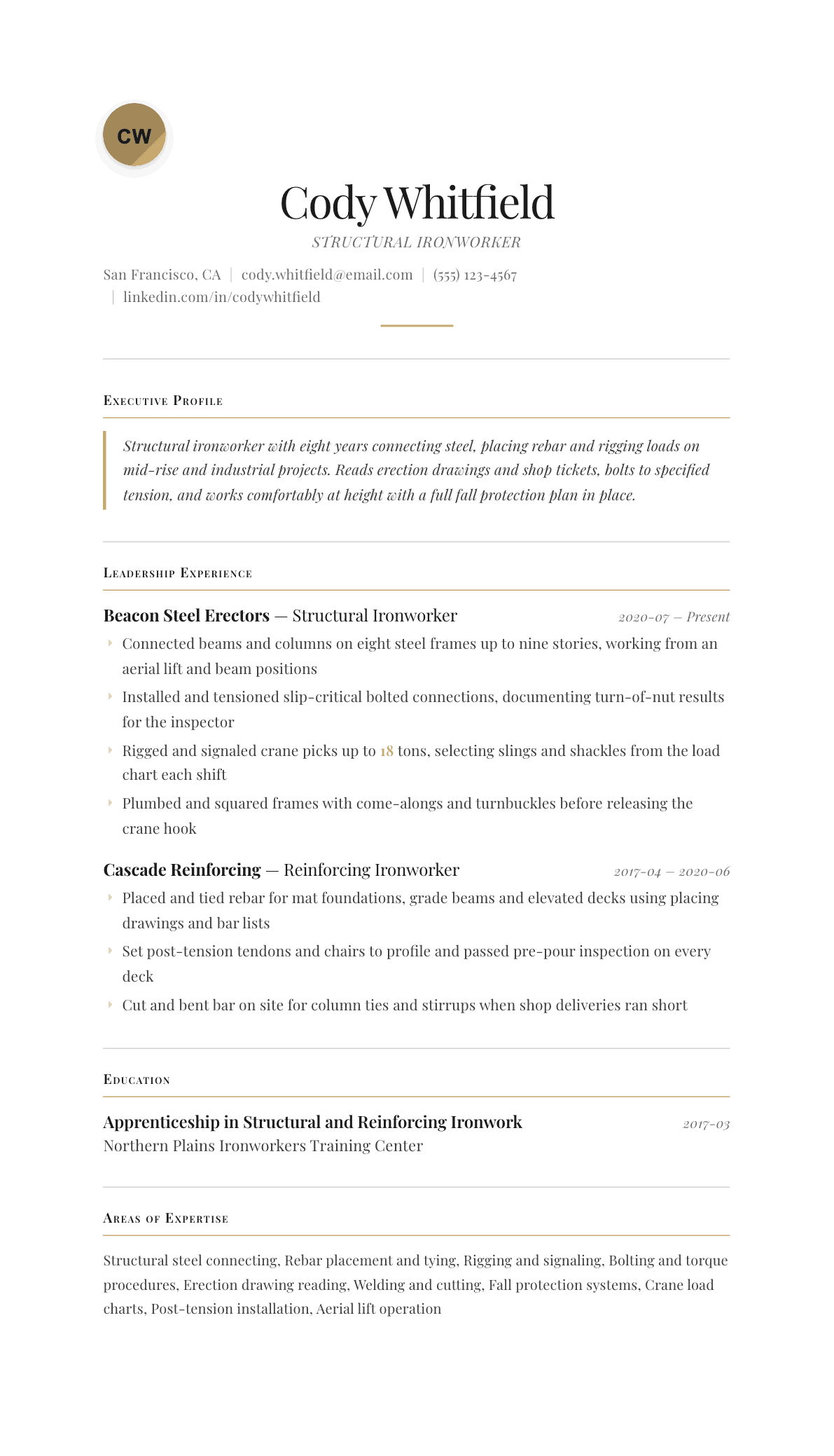 Ironworker resume example, Chancellor template
