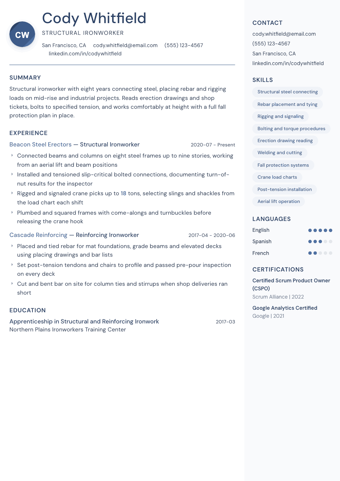 Ironworker resume example, Kernel template
