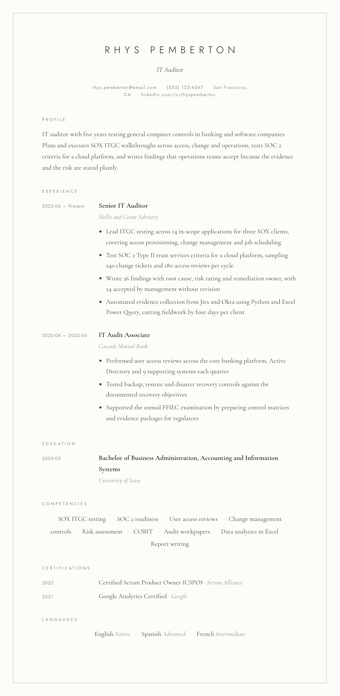 IT Auditor resume example, Vellum template