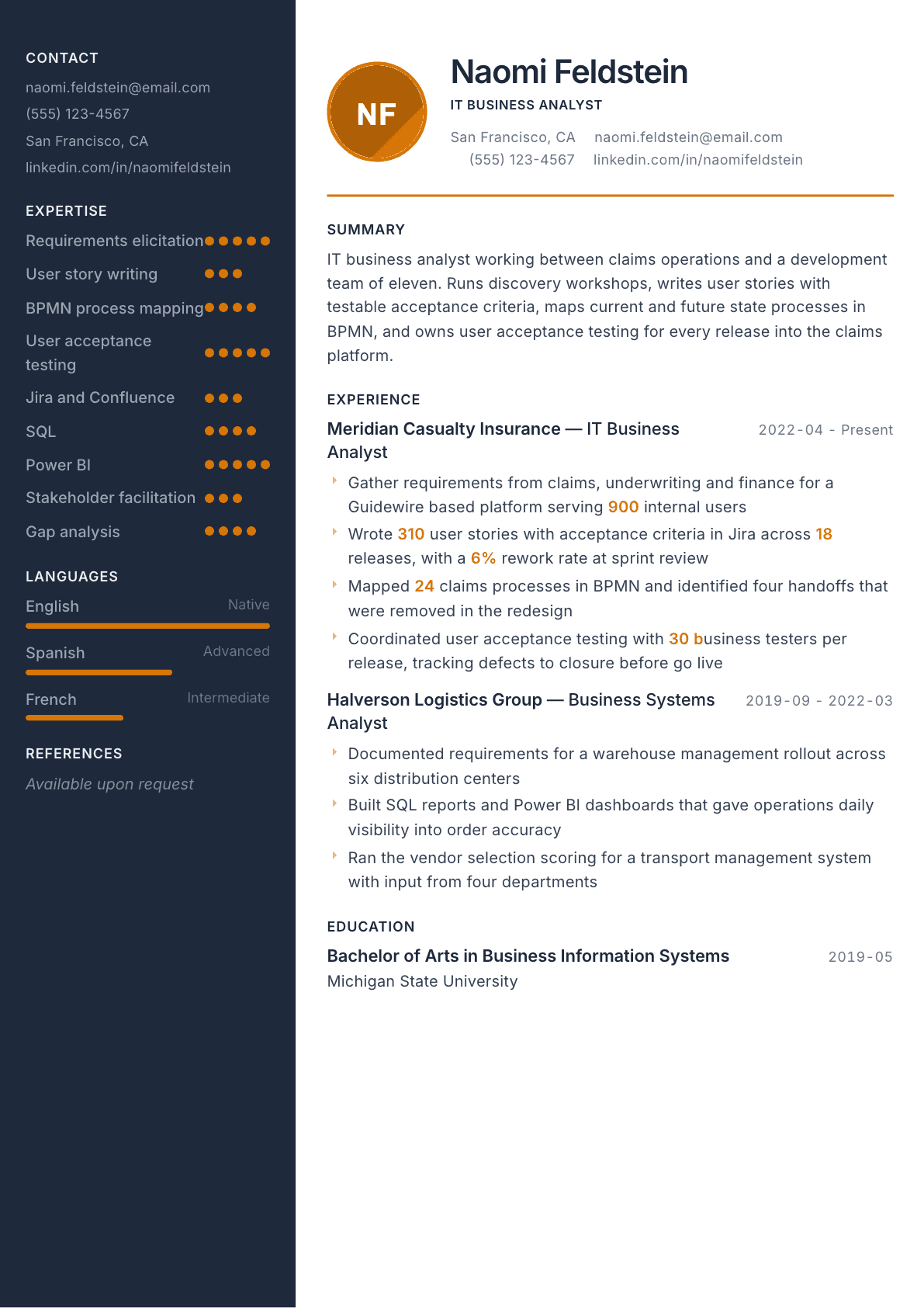 IT Business Analyst resume example, Copper & Slate template
