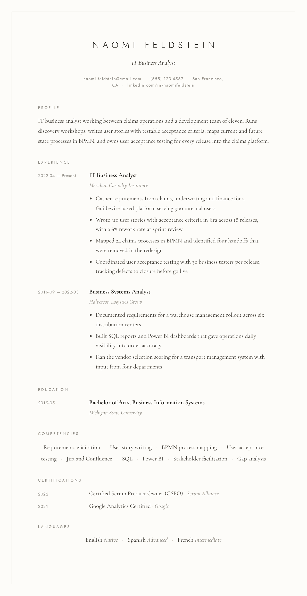 IT Business Analyst resume example, Vellum template