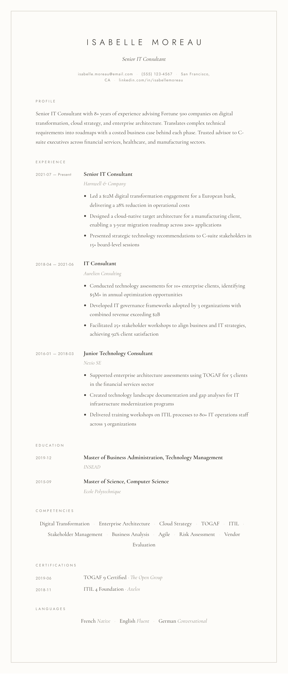 IT Consultant resume example, Vellum template
