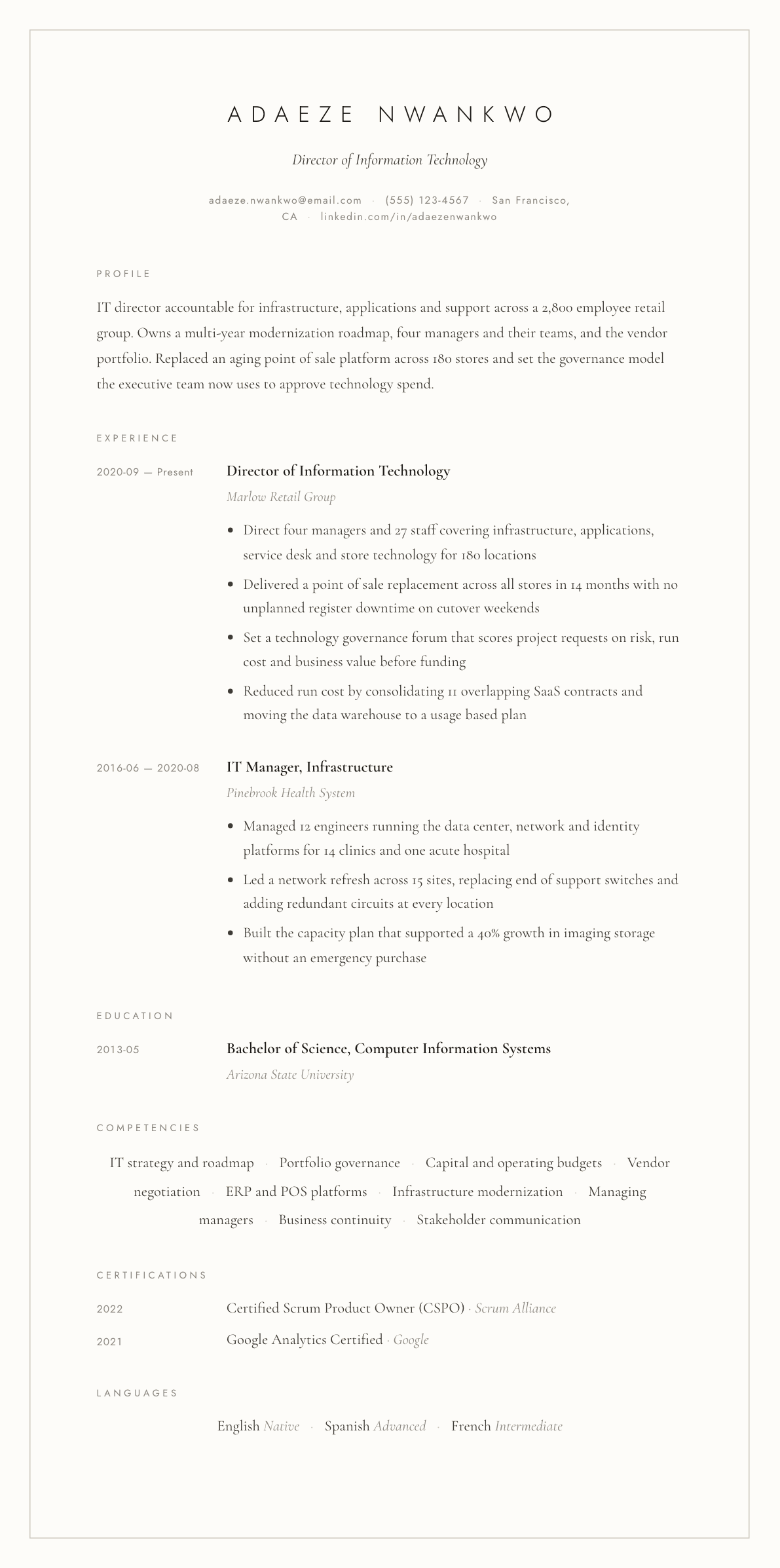 IT Director resume example, Vellum template