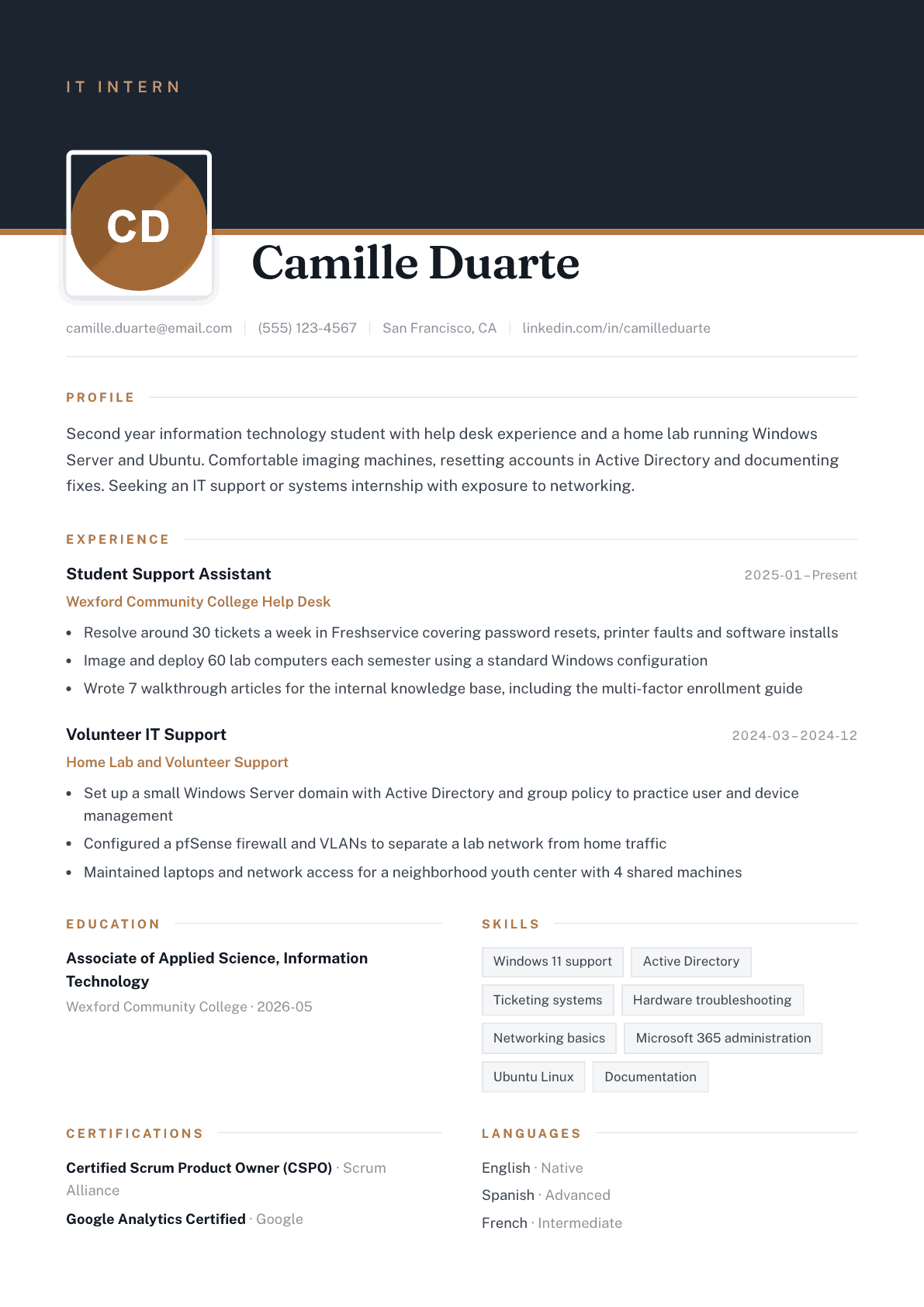 IT Intern resume example, Atrium template