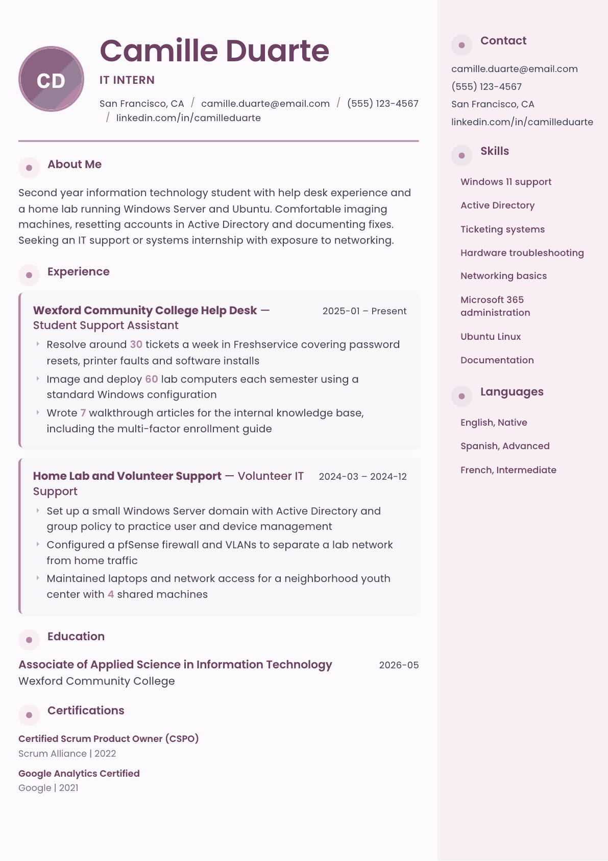 IT Intern resume example, Bloom template