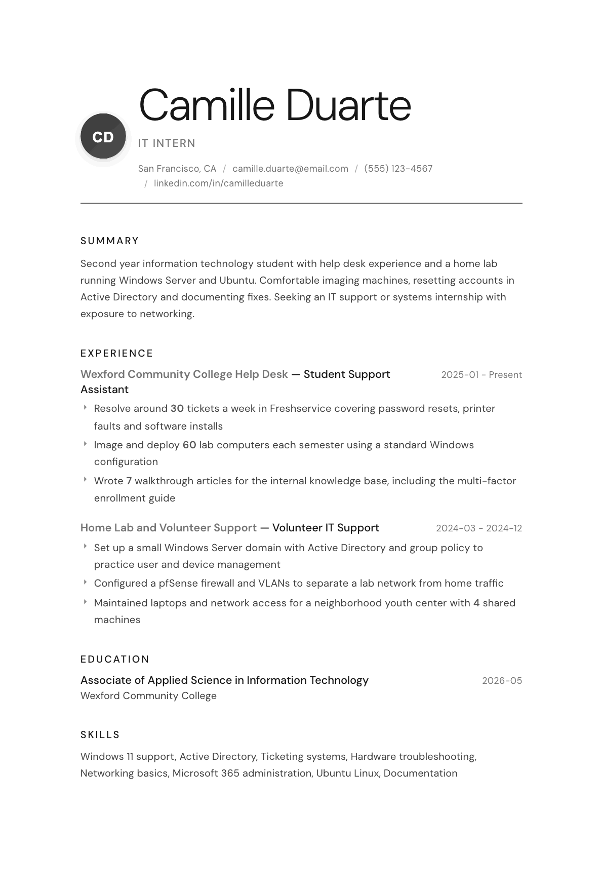IT Intern resume example, Whisper template