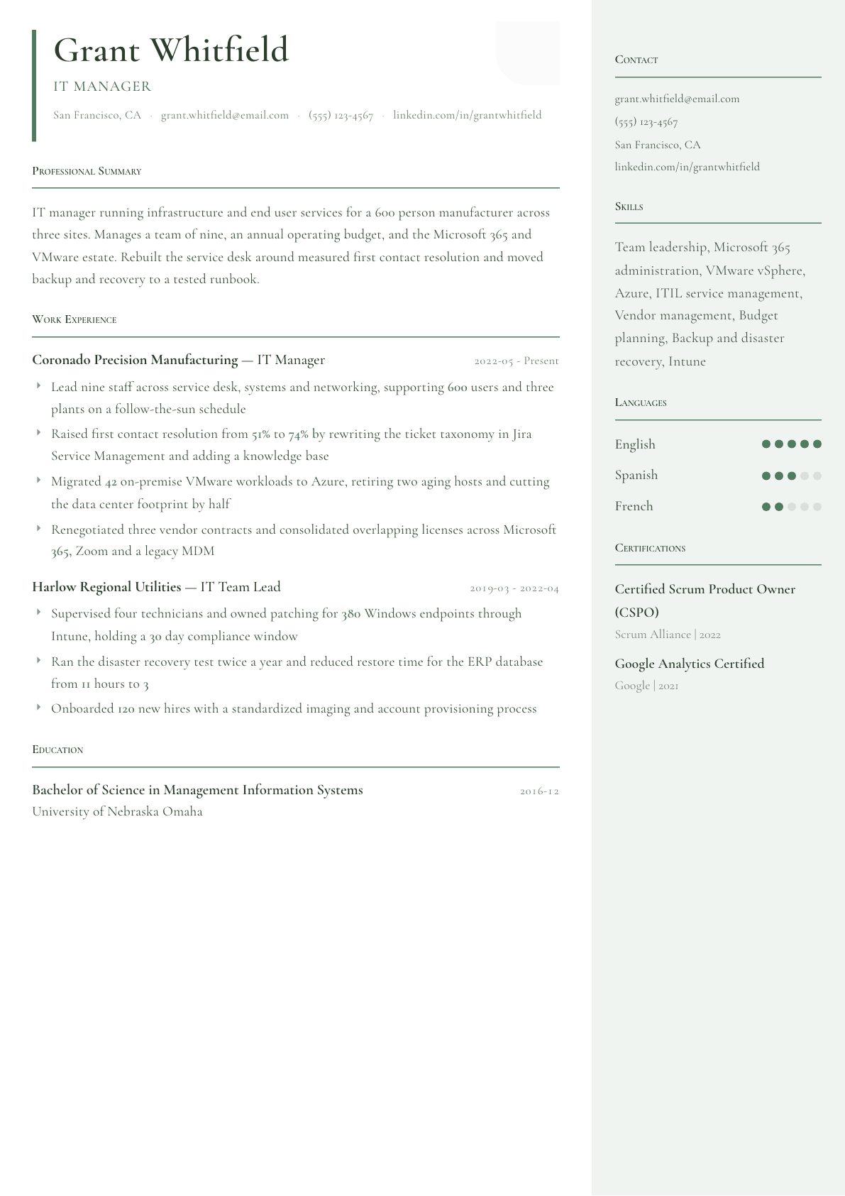 IT Manager resume example, Copenhagen template