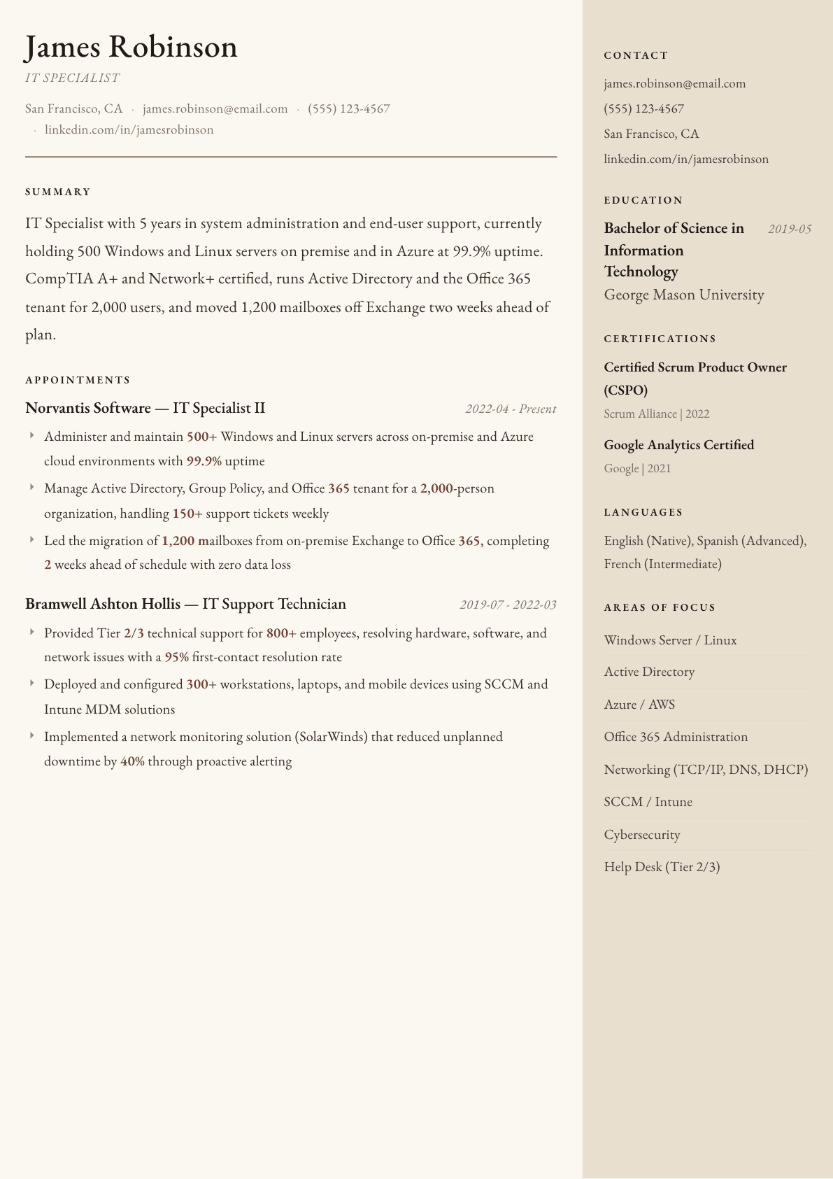 IT Specialist resume example, Manuscript template