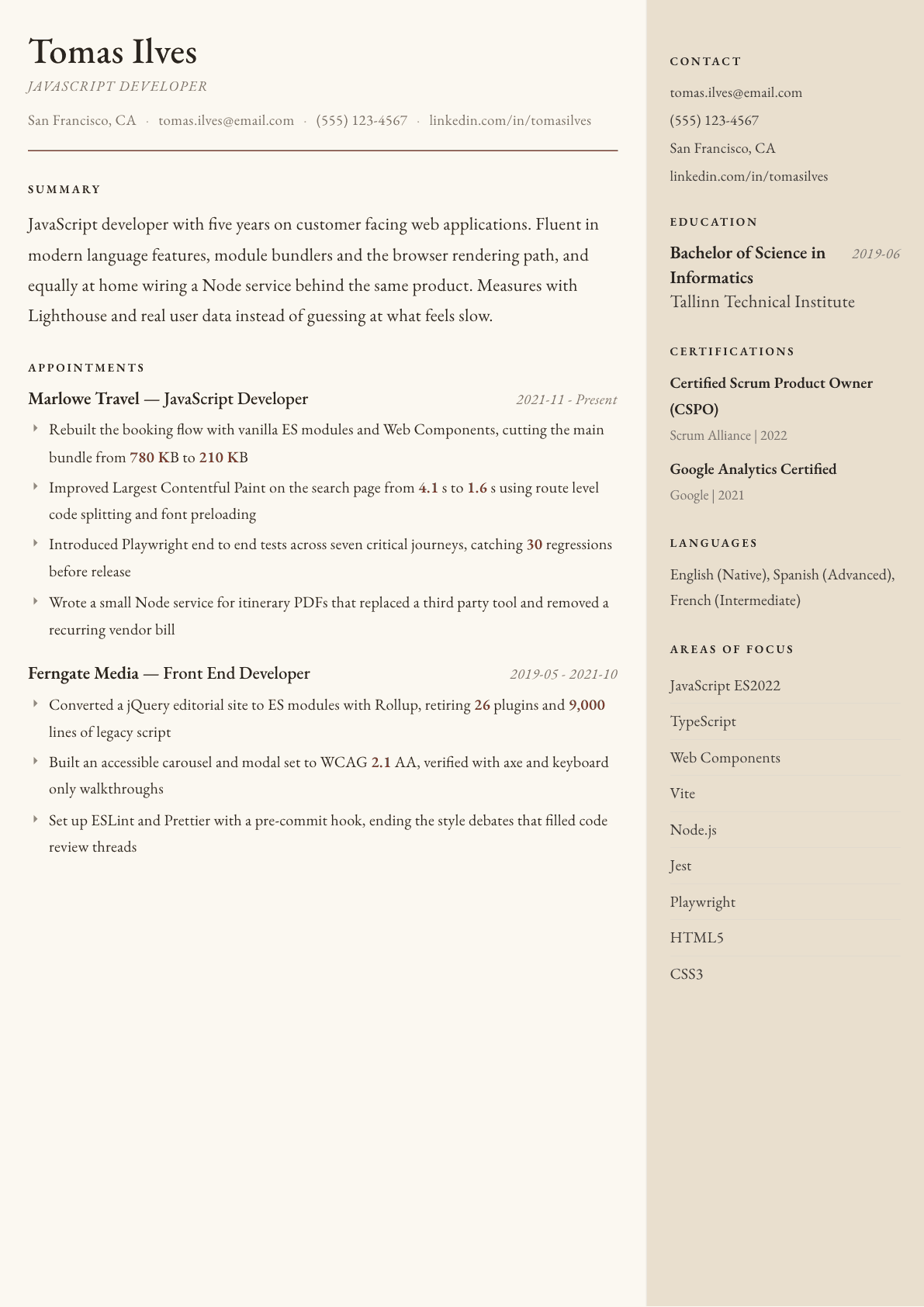 JavaScript Developer resume example, Manuscript template