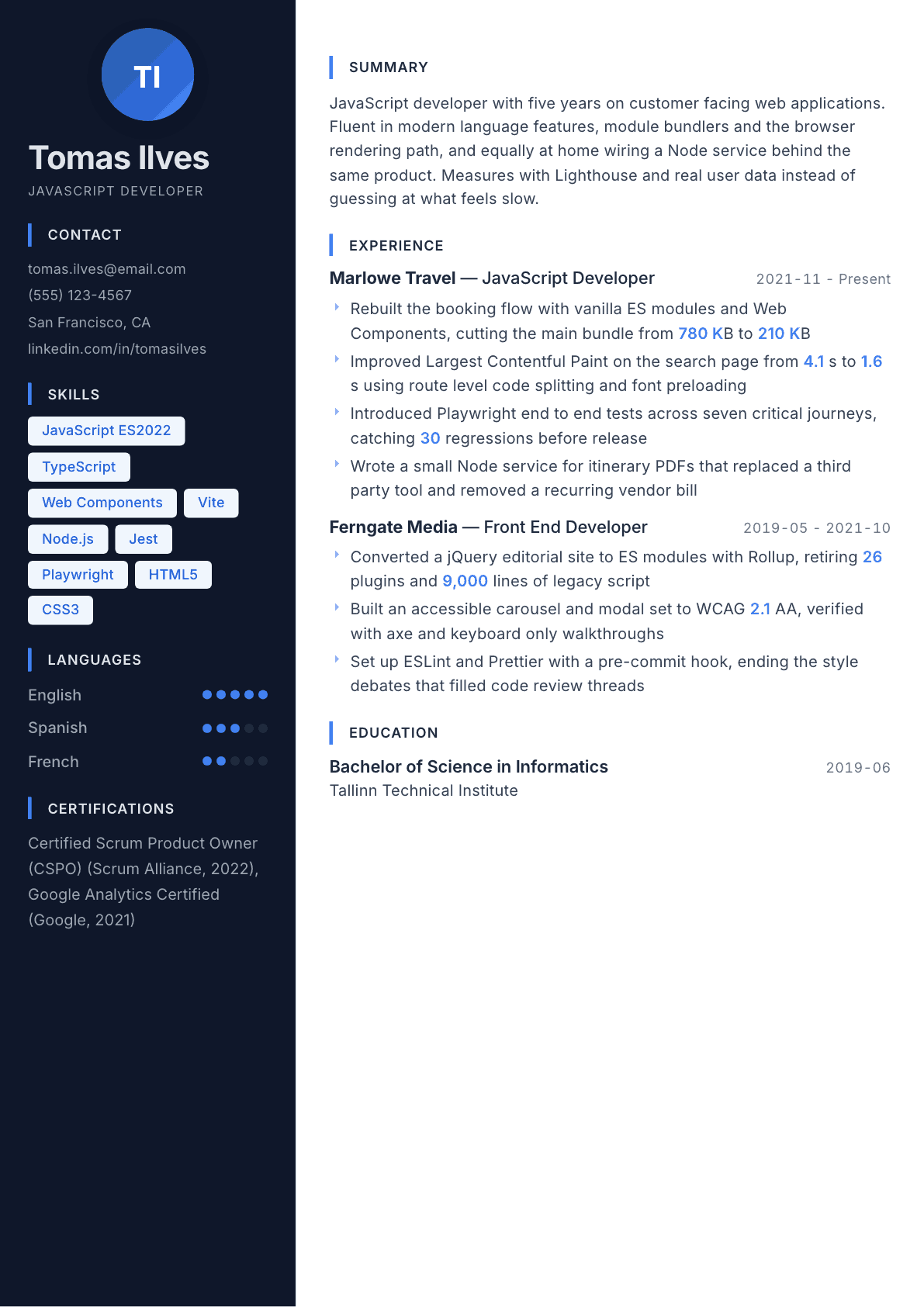 JavaScript Developer resume example, Midnight Sapphire template