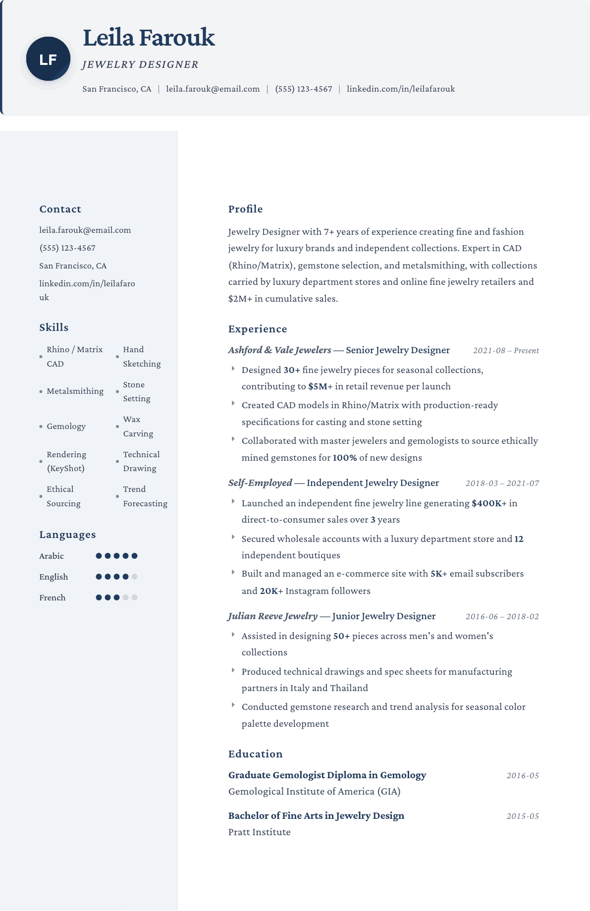 Jewelry Designer resume example, Formal template