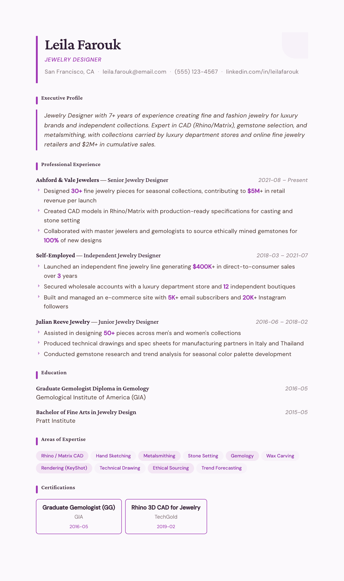 Jewelry Designer resume example, Plum Noir template