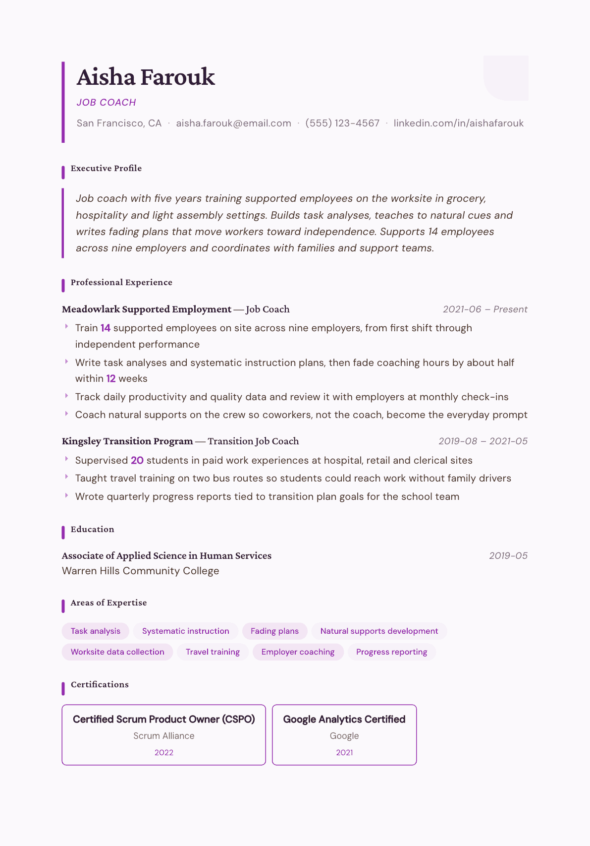 Job Coach resume example, Plum Noir template