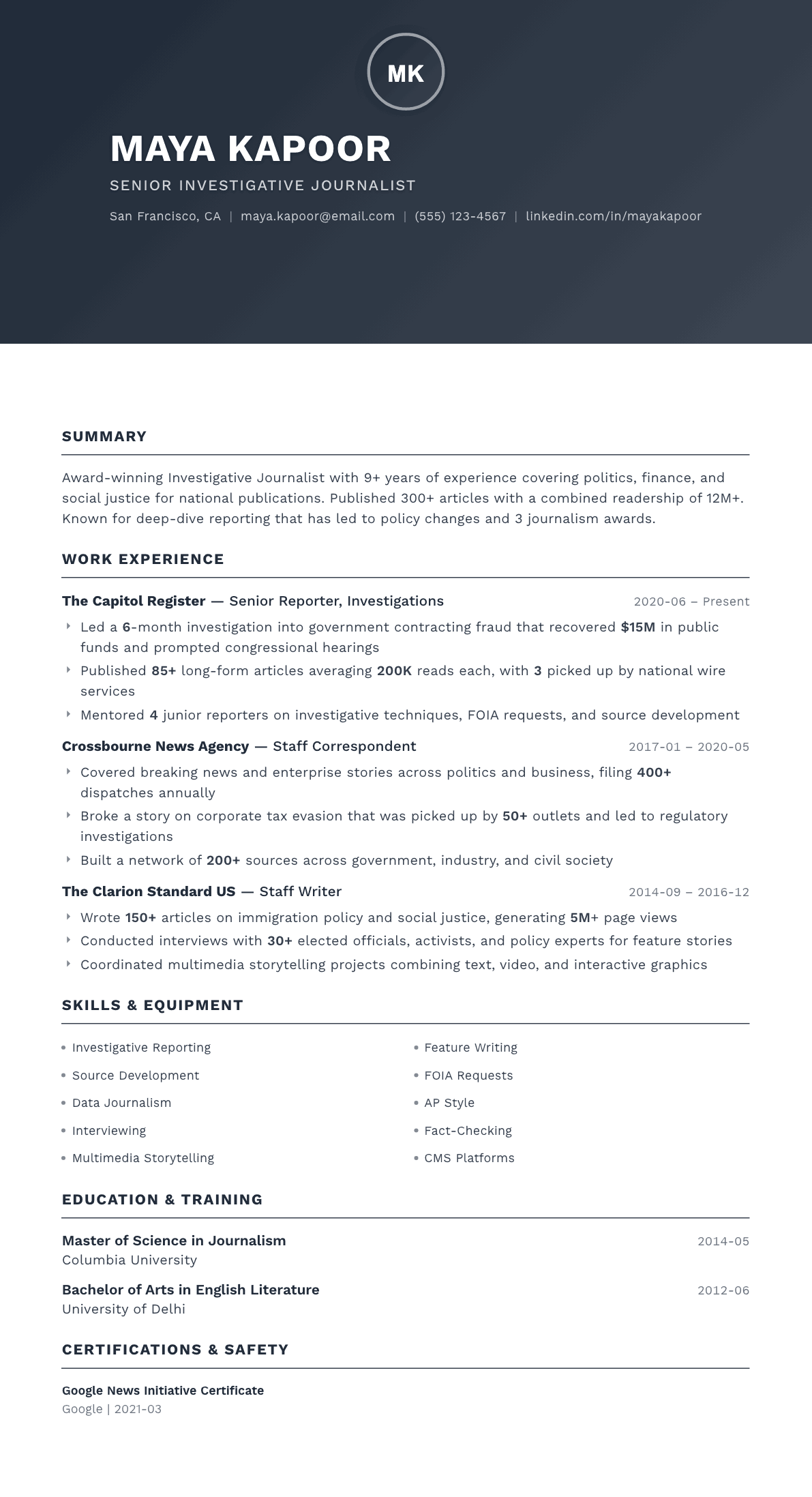 Journalist resume example, Foundation template