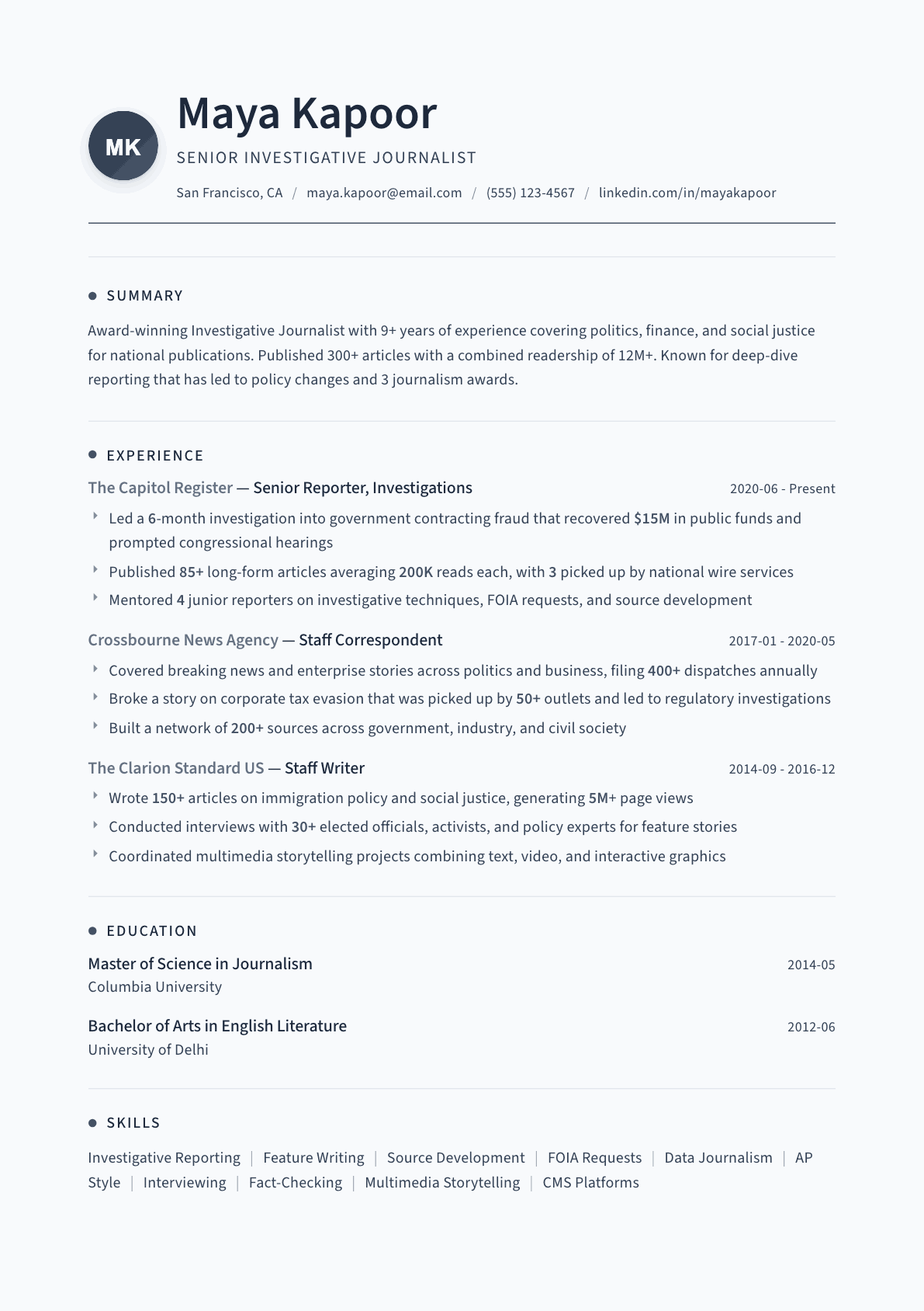 Journalist resume example, Thread template
