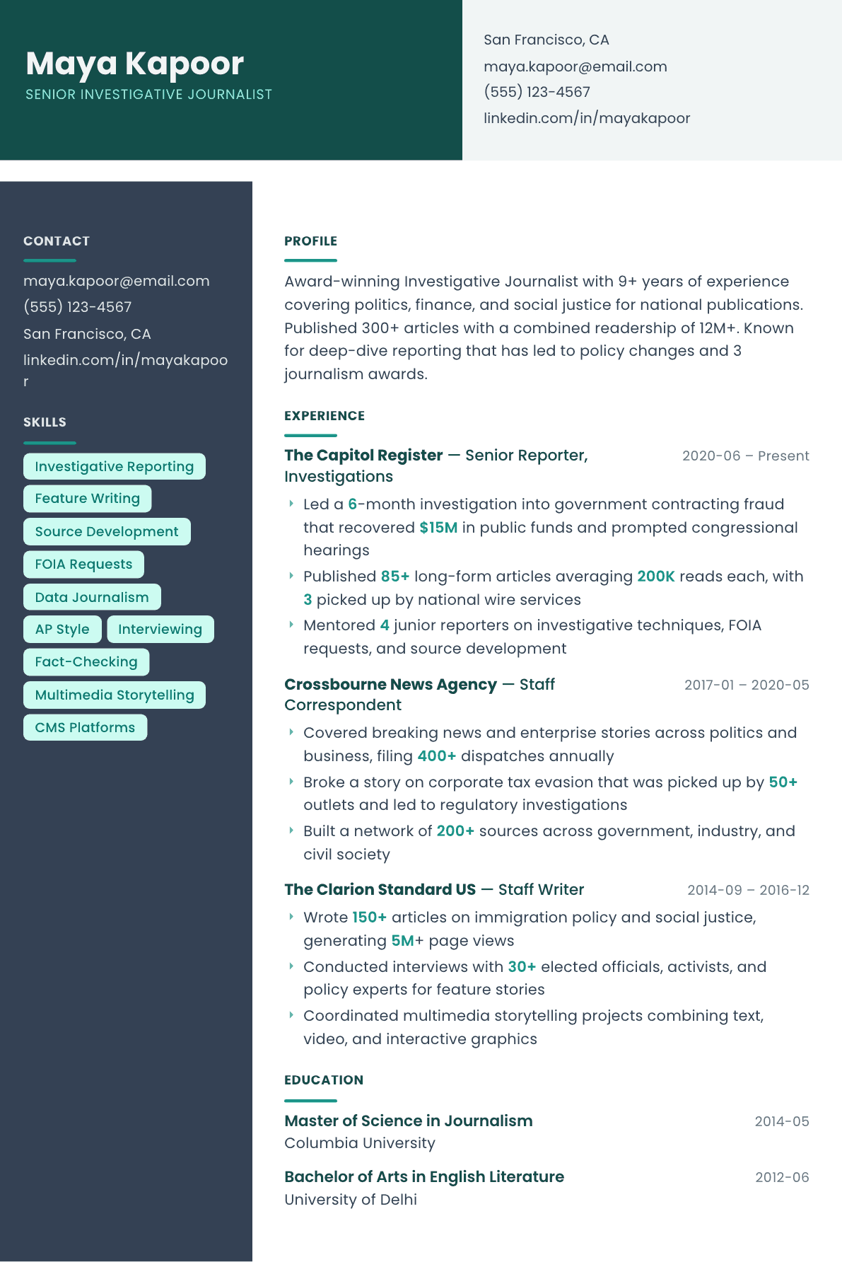 Journalist resume example, Spectrum template